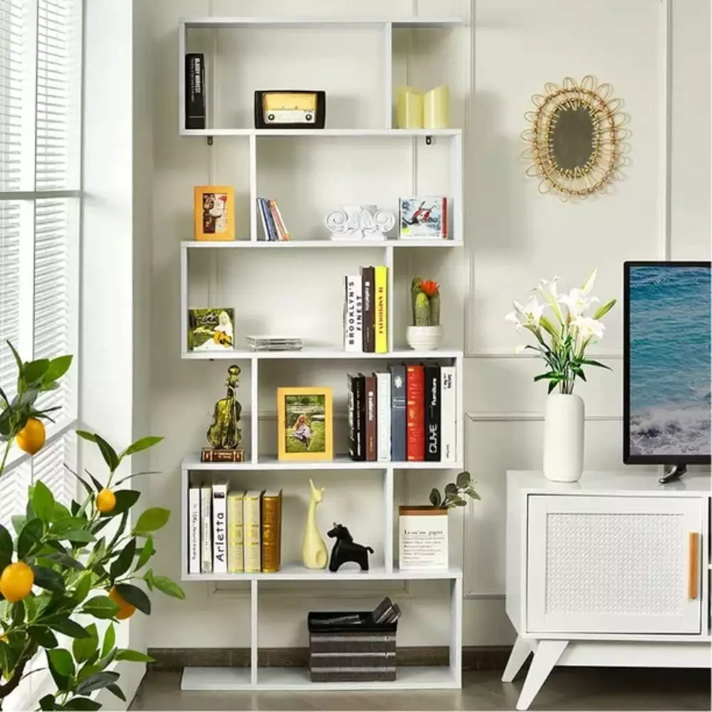 HOMEFORT 6-Shelf Geometric Bookcase. Wood S-Shaped Bookshelf. Modern Staggered Bookcase Bookshelf. White and Black