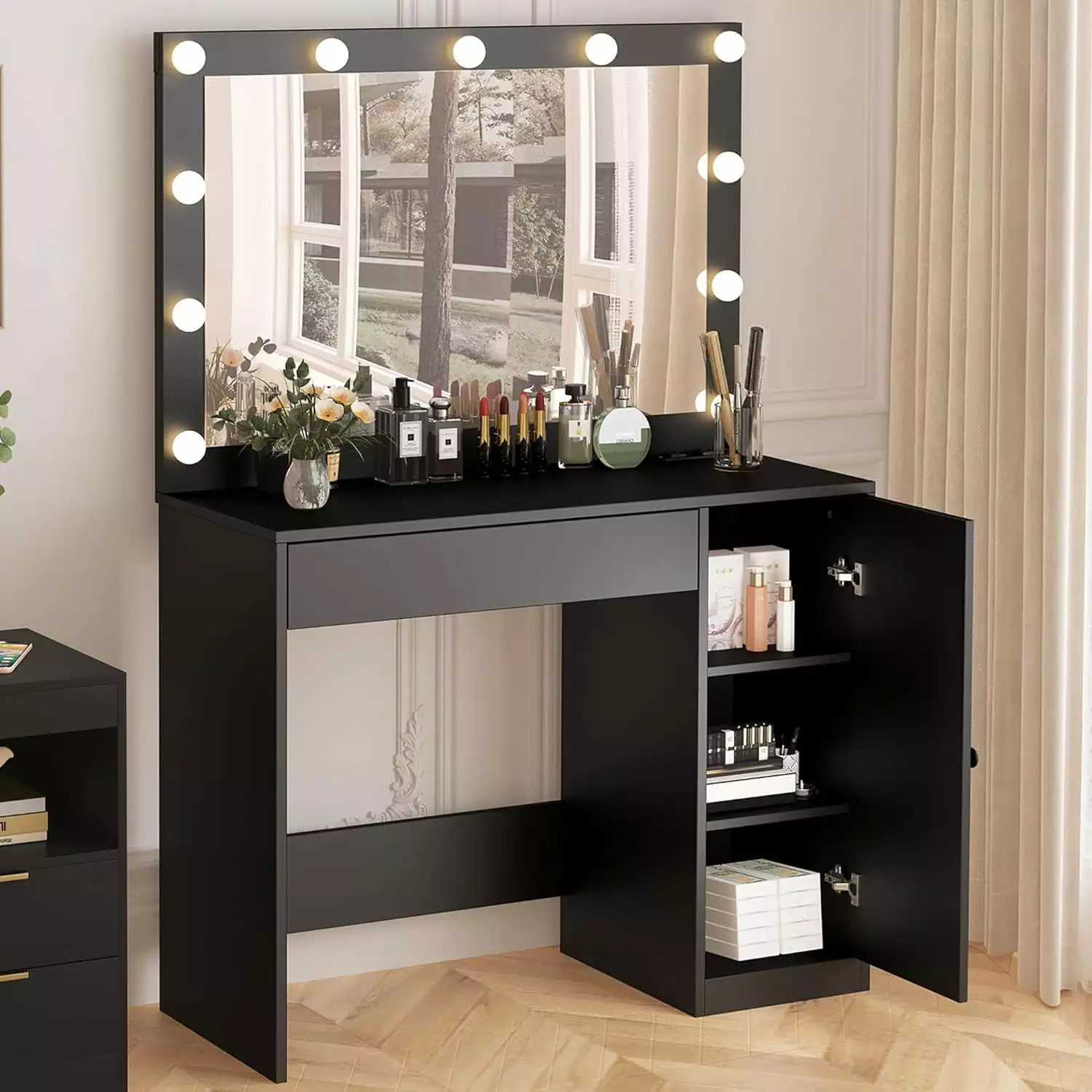 HOMEFORT Vanity Desk with Large HD Mirrors and Lights. Makeup Dressing Table with Outlet. Vanity Station with 3 Color Lighting. Adjustable Brightness. Big Drawer and Cabinet for Women Bedroom. Black