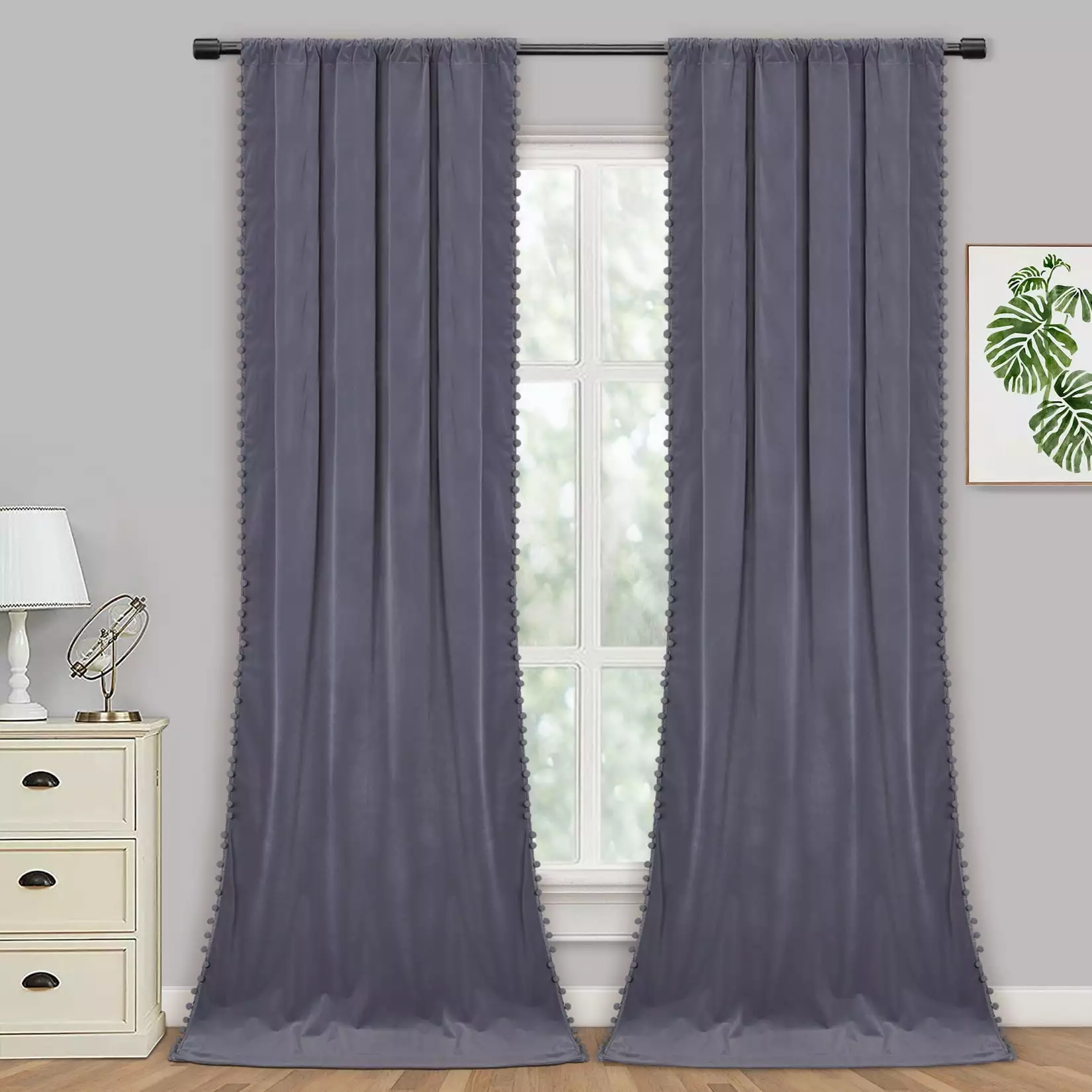 HOMERRY Velvet Curtains 96 inches Long-Pompoms Tasseled Room Darkening Drapes Soft Luxury Privacy Window Curtain for Bedroom and Living Room. Gray. 2 Panels