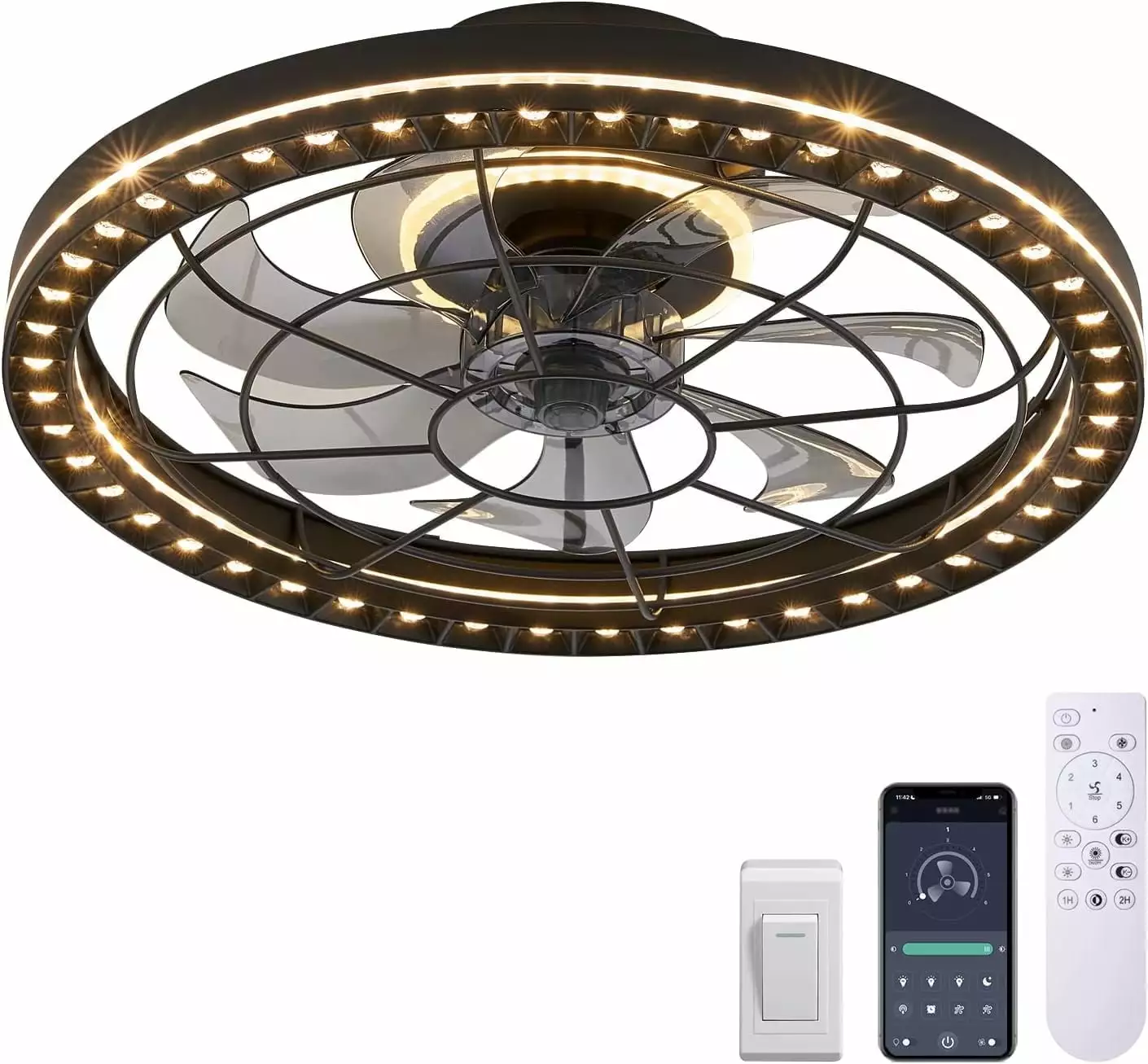 HOOMEDELIER 19 Flush Mount Ceiling Fan with Light - Low Profile Indoor Caged Fan with Tri-Color Dimming.7 Blades. Remote Control & Timer