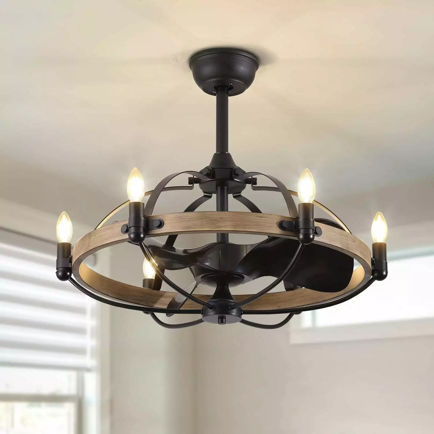 HOOMEDELIER 27'' Farmhouse Ceiling Fan with Light.Reversible Farmhouse 6-Speed with Remote.3 Blades Vintage Cage Chandelier Fan for Indoor