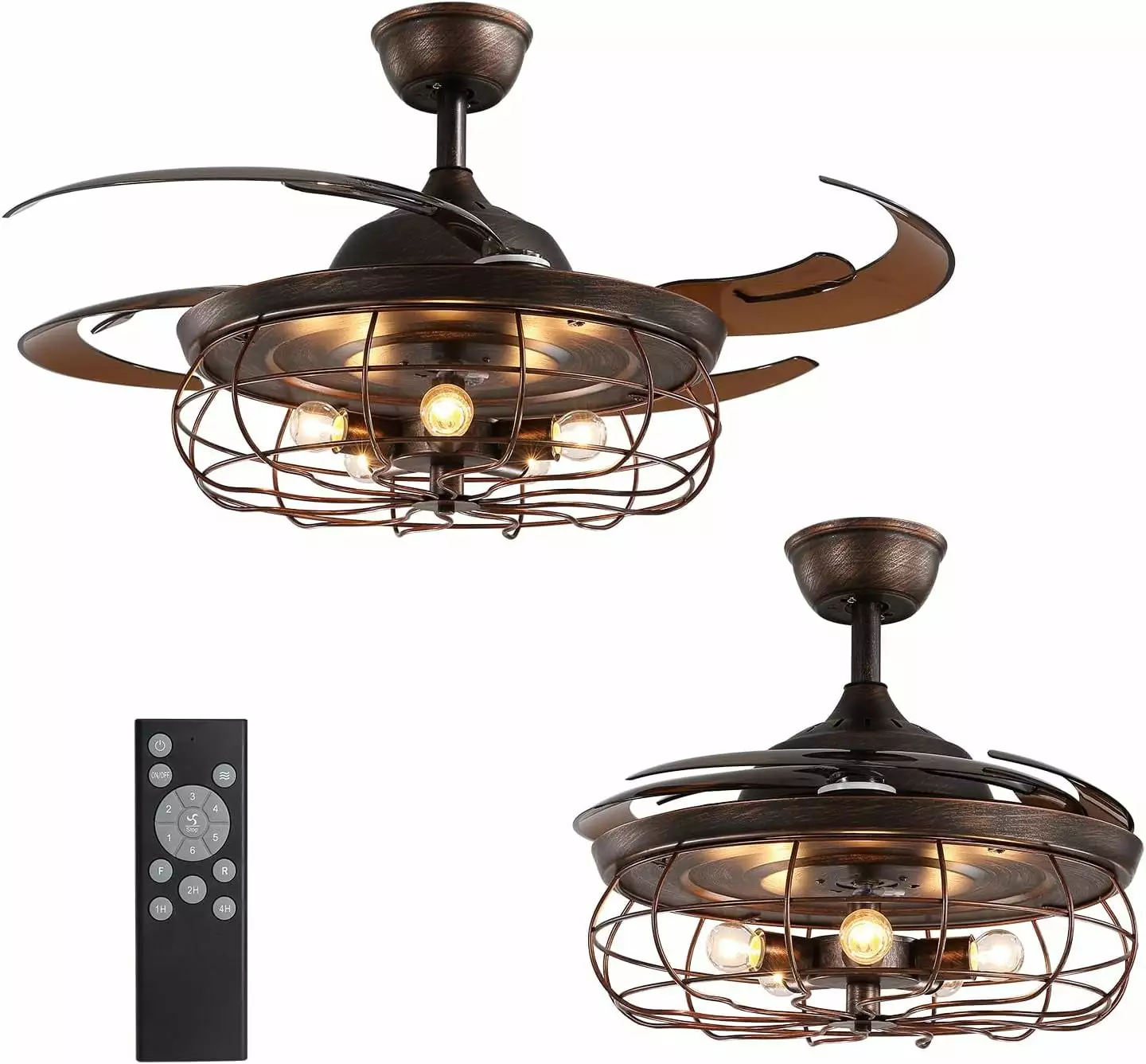 HOOMEDELIER 48 Indoor Ceiling Fan with Light.Cage Ceiling Fan with Remote.4 Retractable Blades