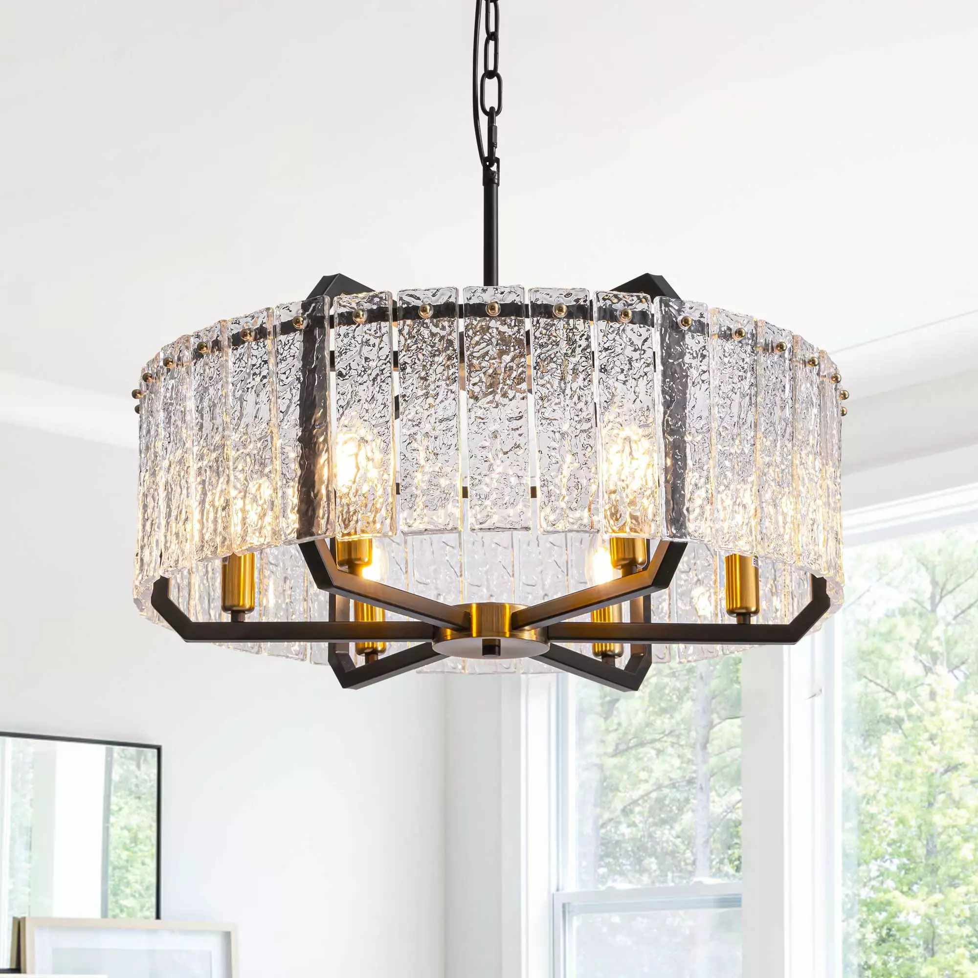 HOOMEDELIER Modern Crystal Chandeliers Lighting for Dining Room. 6-Light Luxury Water Ripple Glass Black Ceiling Light Fixture. Round Drum Chandelier for Kitchen Island. Entryway. Farmhouse 25D*11H