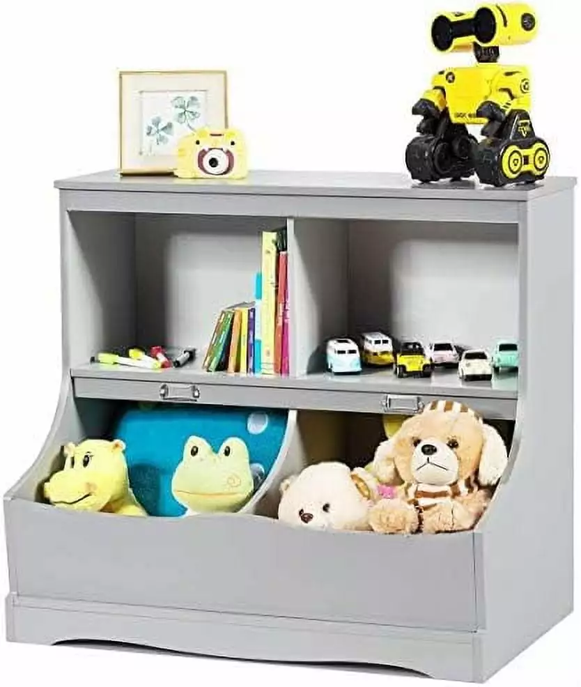 HOOMHIBIU 4-Cubby Bookcase with Footboard Name Card Multi-Bin Children's Toys and Organizer Book Display Wooden Toy Box Chest Cabinet for Room Playroom Bedroom Nursery (Gray)