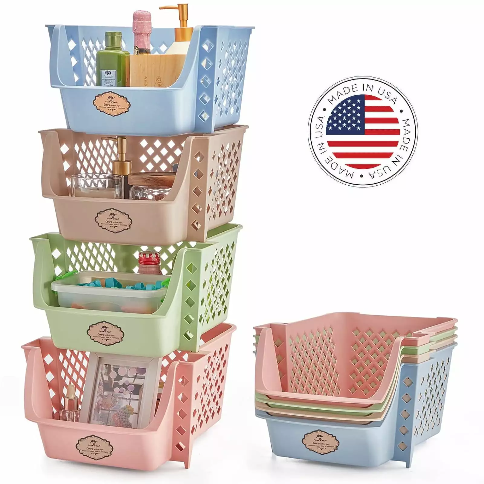 HOUSE DAY 4 Pcs Plastic Storage Baskets. Storage Bins Drawers for Kitchen & Toy Organization. Multicolor