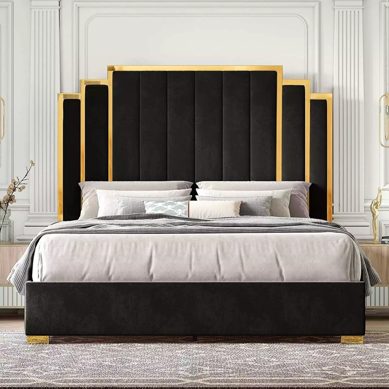 HOWE King Size Bed Frame and Headboard. Upholstered Bed with Golden Plating Trim. Black