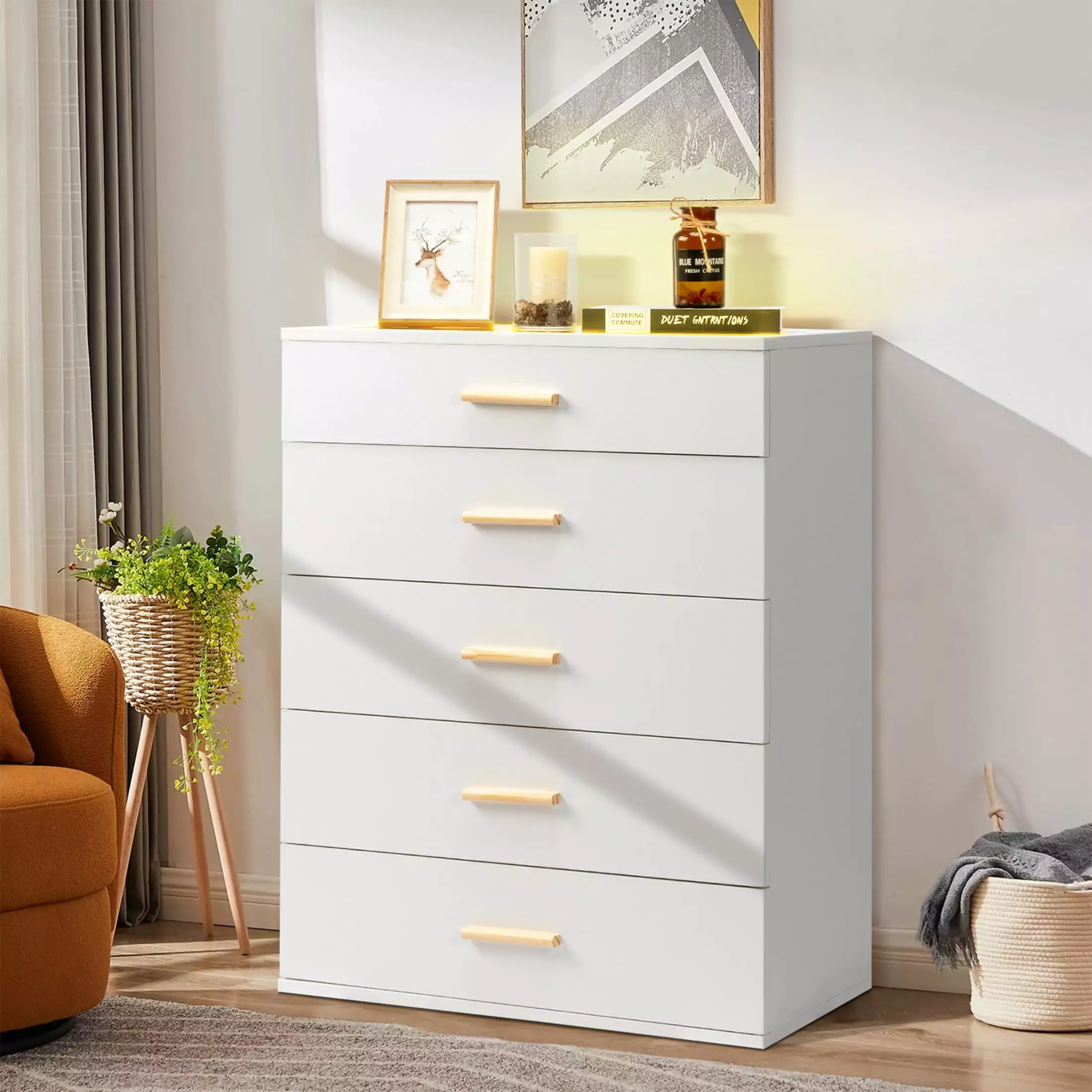 HSUNNS White 5 Drawer Dresser. Dresser for Bedroom with Jewelry Organizer. Remote and APP Control RGB Light. Storage Dresser for Bedroom with Glass Top. Chest of Drawers Organizer for Living Room