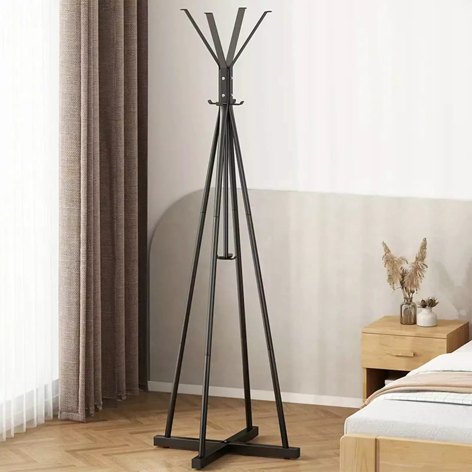 HUIMART 5.6ft Metal Coat Rack Stand with 12 Hooks. Free Standing Tripod Hall Tree. Black