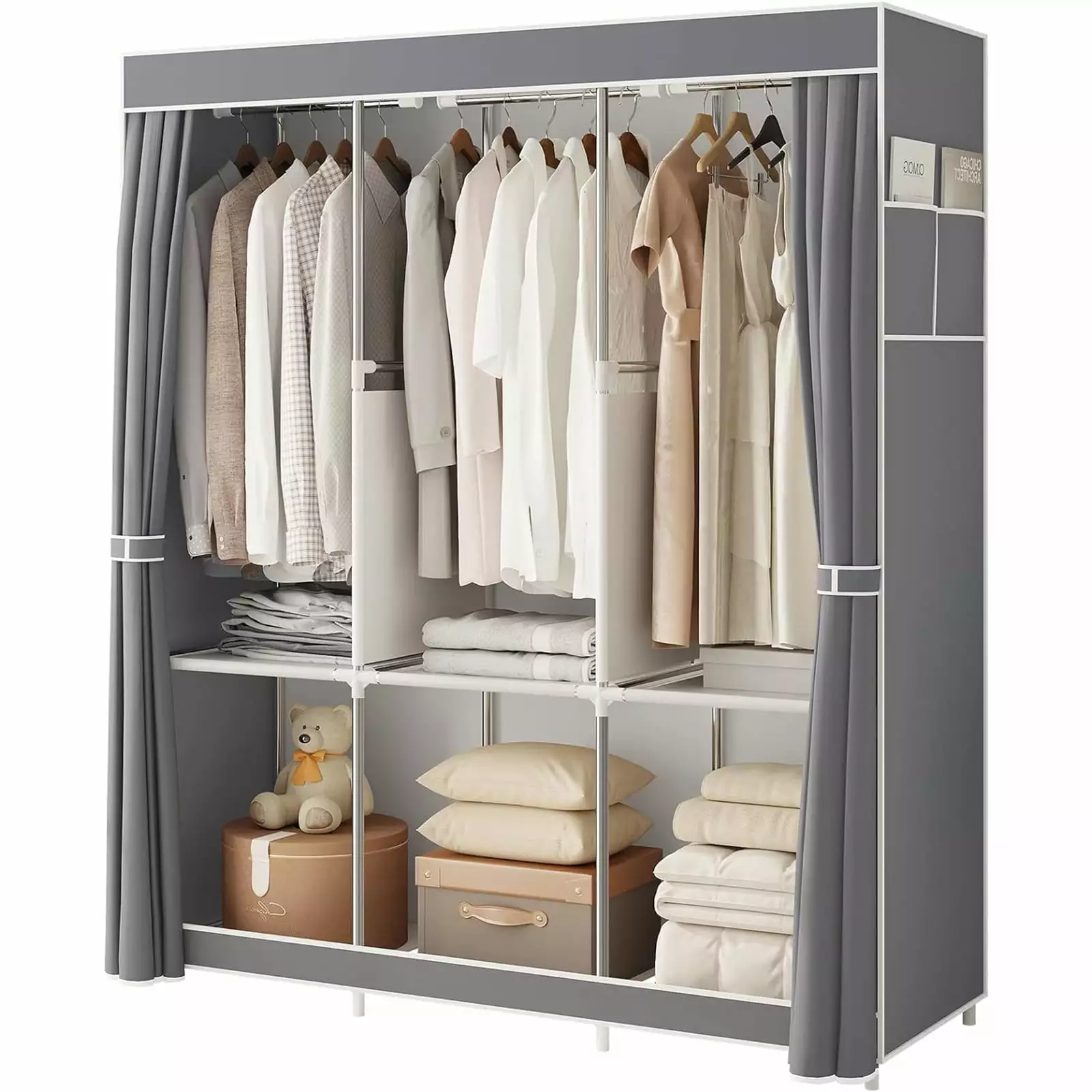 HUIMART Portable Wardrobe Closet Multifunction Wardrobe Clothes Storage Organizer Closet Bedroom Storage. Grey