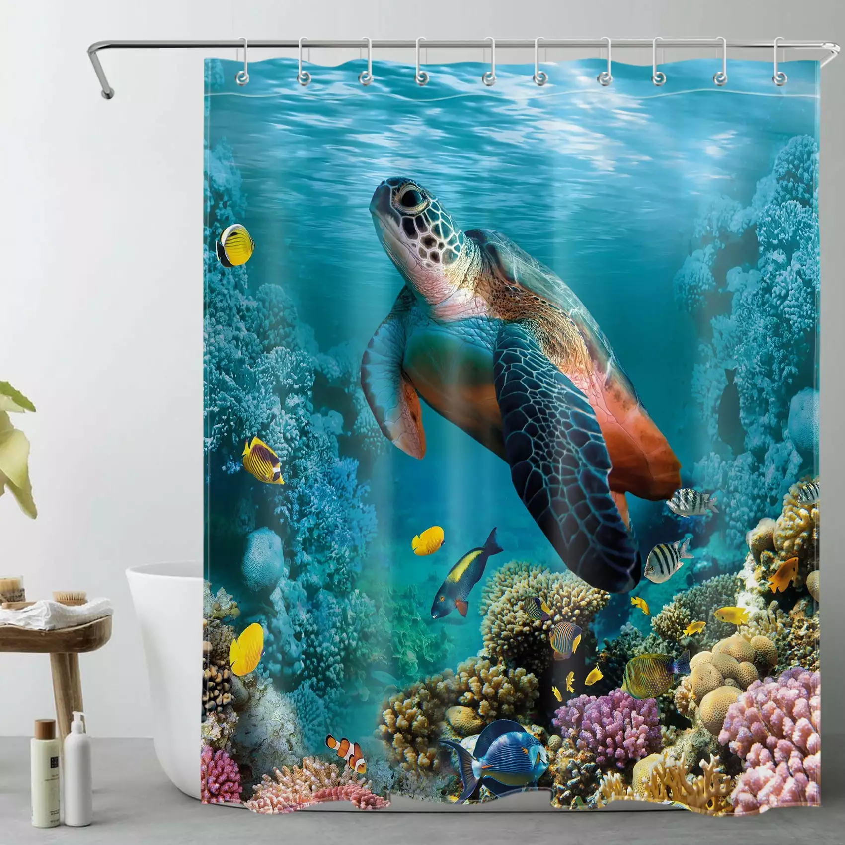 HVEST Funny Sea Turtle Shower Curtain for Bathroom.Underwater World Colorful Marine Life Tropical Fish and Coral Fabric Shower Curtain with Hooks.Blue Ocean Bathroom Curtains Shower Set. 60x72 inch