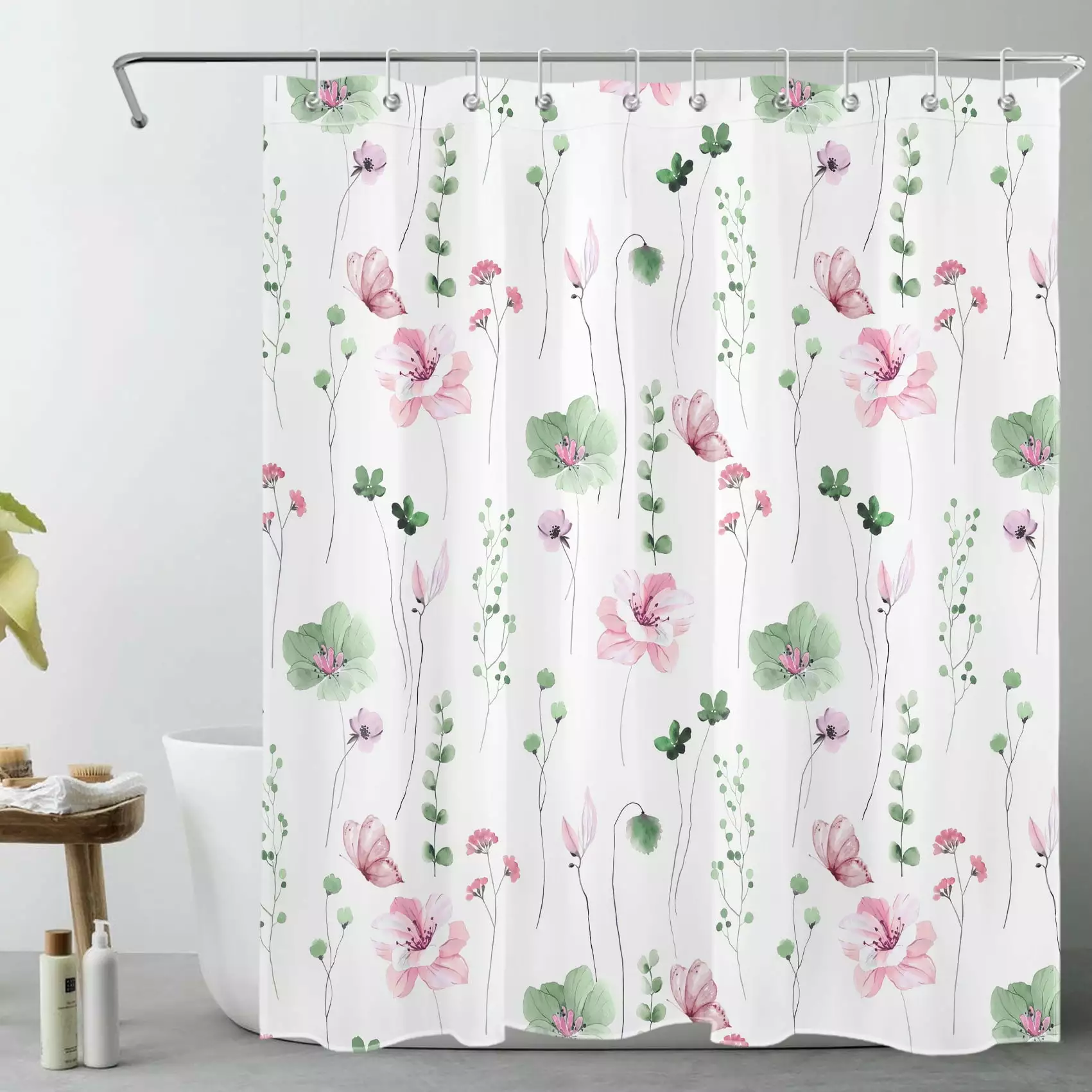 HVEST Pink and Green Floral Shower Curtain for Bathroom. Wildflower with Sage Green Leaf and Butterfly on White Fabric Shower Curtain with Hooks. Nature Plant Bathroom Curtain Shower Set. 60x72 inch