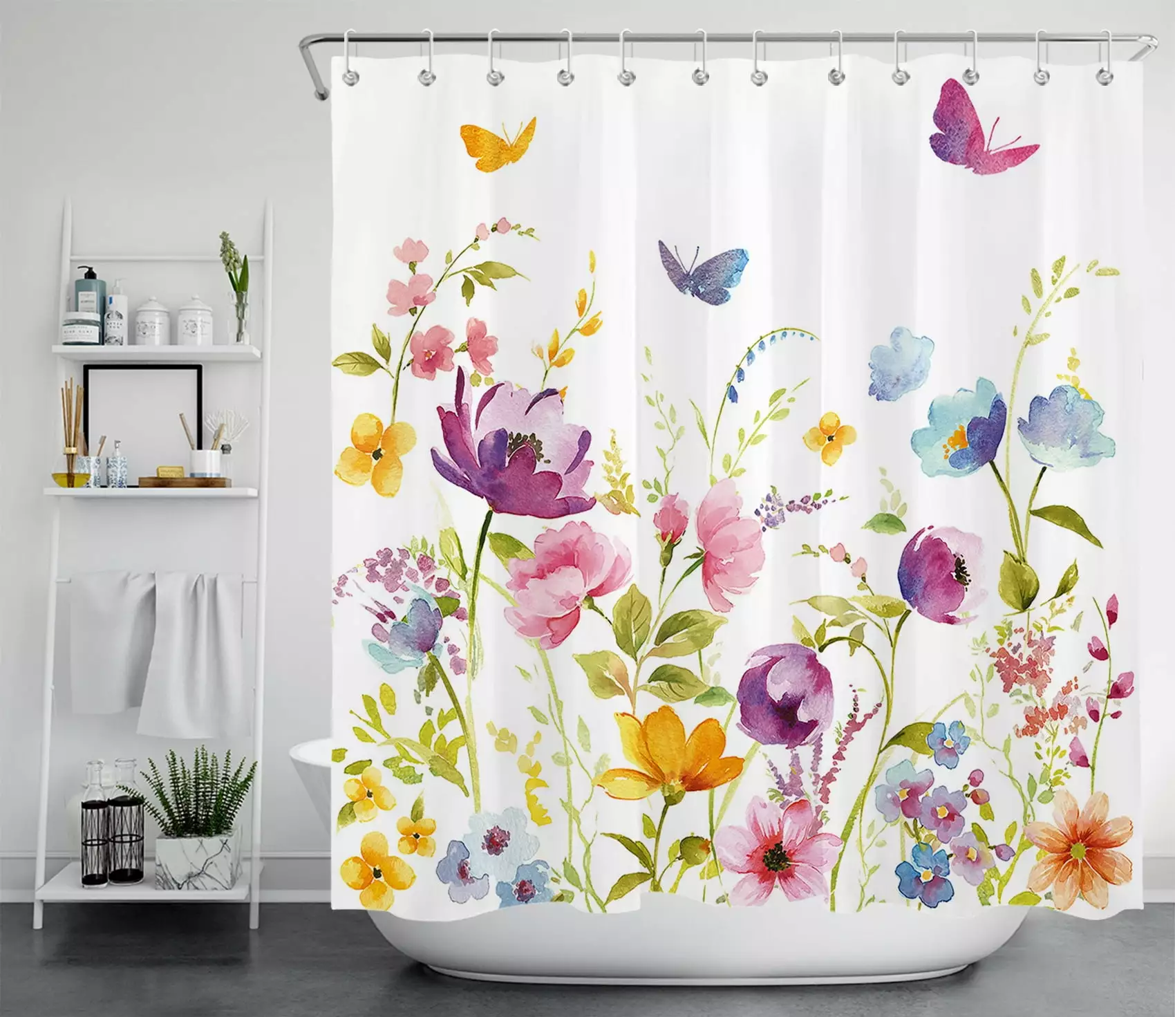 HVEST Watercolor Floral Butterflies Shower Curtain Decor. Rural Watercolor Wildflowers and Colorful Butterfly Shower Curtain Farmhouse Style Bathroom Polyester Fabric Decor Curtain with Hooks. 72X72