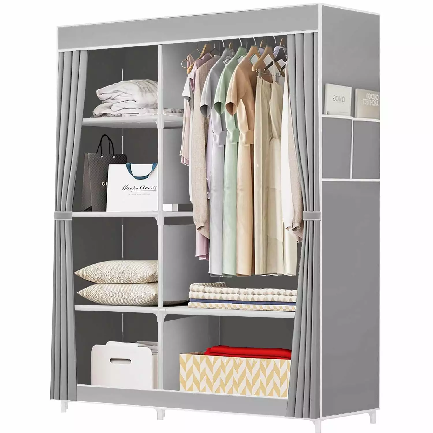 HadinEEon Portable Closet. Wardrobe Closet for Hanging Clothes with 6 Storage Shelves. 1 Hanging Rod and 4 Pockets. Sturdy and Easy Assemble. 41 inches for Bedroom. Grey