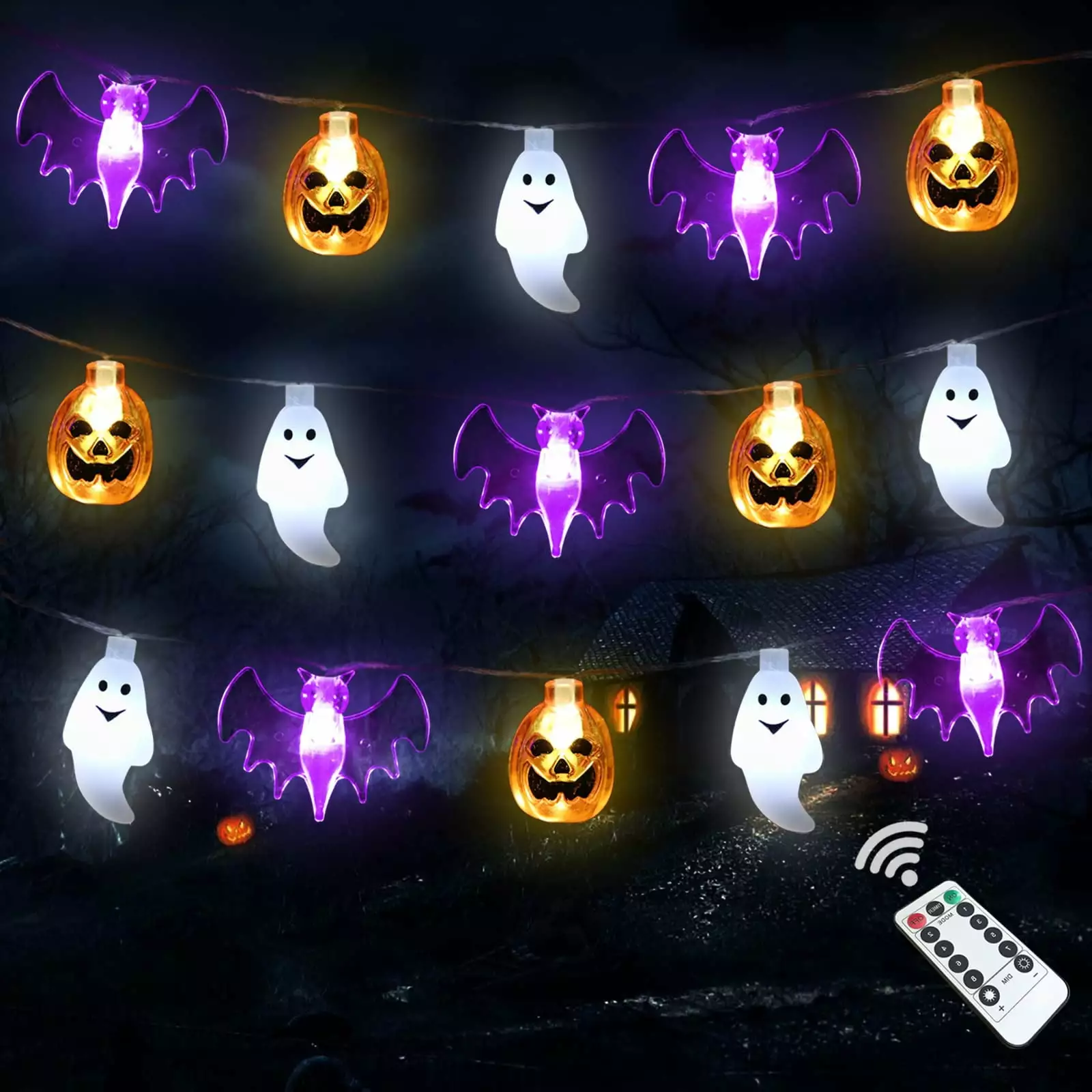 Halloween Lights. 16FT 30 LED Pumpkin Bat Ghost String Lights. Battery Operated 8 Modes Light Halloween Decor for Home Indoor Outdoor Halloween Thanksgiving Festival Costumes Party Decorations