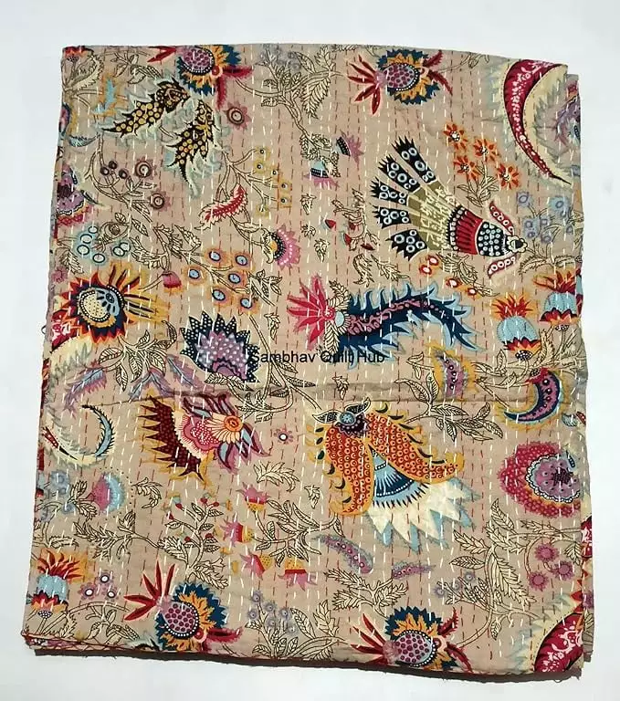 Handblock Traditional Pure Cotton Jungle Print Kantha Quilt. Bed Cover Throw Animal Tiger Printed Kantha Quilts With 2 Pillow Cover