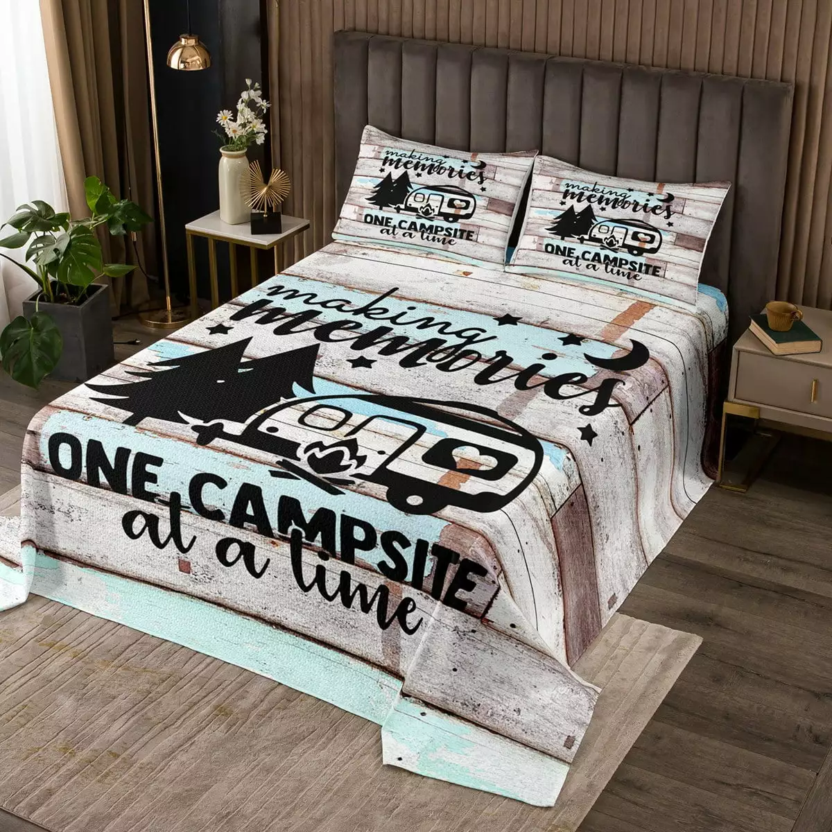 Happy Camping Bedspread Set for Girls.Camper Quilt Set.RV Camping Car Coverlet Set Twin.Retro Wood Plank Rustic Farmhouse Style Bedding Set Camper Accessories for Inside Teal Taupe