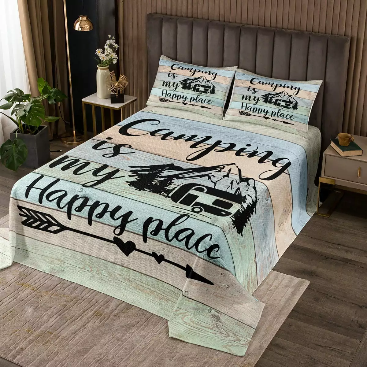 Happy Camping Bedspread Set for Girls.Camper Quilt Set.RV Camping Car Coverlet Set Twin.Wood Planks Rustic Farmhouse Style Quilted Camper Accessories for Inside Teal Green Blue