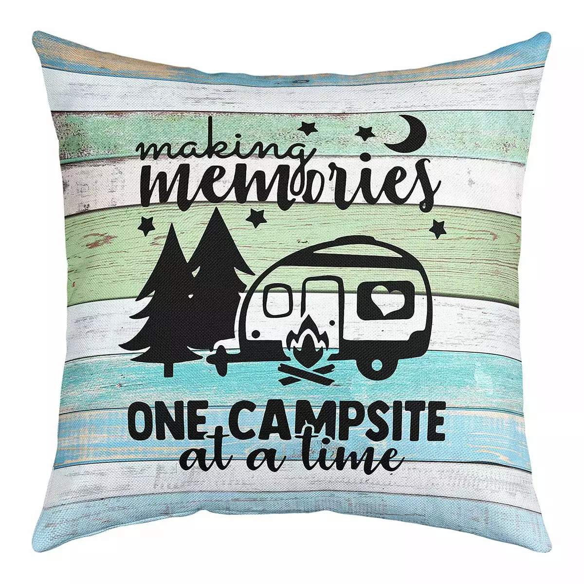 Happy Camping Pillow Cover.Camper Throw Pillow Cover for Travel Trailers.RV Camping Car Square Pillow Case.Retro Wood Planks Rustic Farmhouse Style Accent Pillow Case Blue Green 18x18 inch for Bed