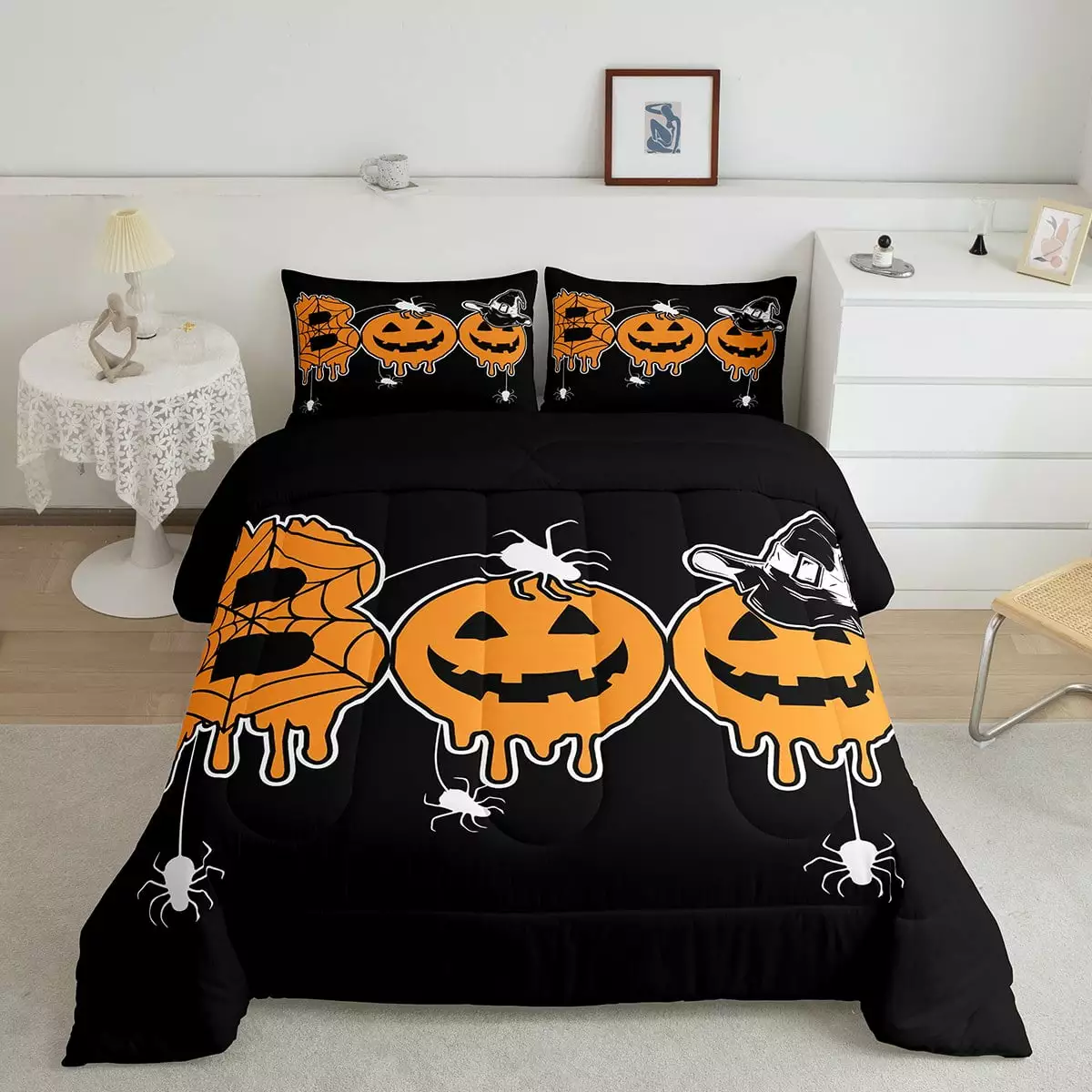 Happy Halloween Comforter Set Twin.Pumpkin Lantern Bedding Set for Kids Boys Teens.Gothic Spider Web Down Comforter Horror Themed Bedding.Witch Hats Duvet Set with 1 Pillow Case.Black Orange