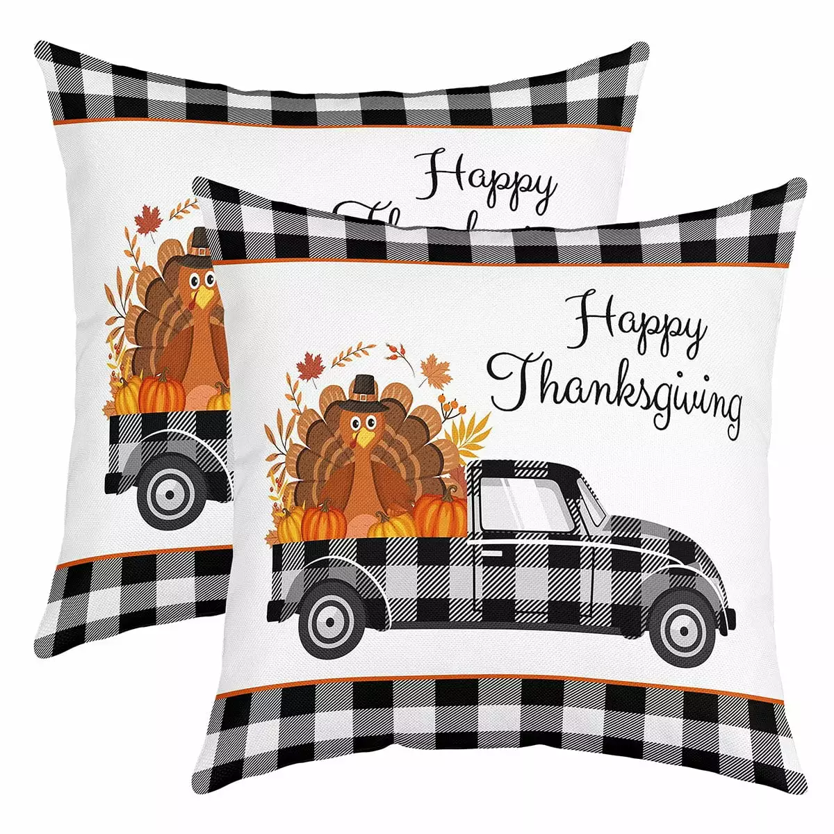 Happy Thanksgiving Pillow Covers.Red Turkey Cushion Cases 18x18 inch set of 2.Farmhouse Pumpkins Maple Leaves Throw Pillow Covers.Cartoon Camping Car Cushion Covers.Black White Patchwork Grid Decor