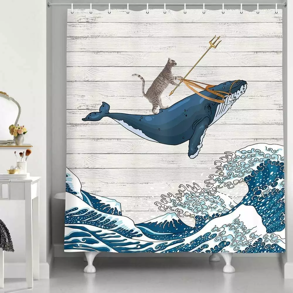 Happyline Funny Cat on Whale Shower Curtain. Ocean Scene Shower Curtains Shower Curtain. Cute Kids Decor. Polyester Fabric Farmhouse Shower Bathroom Decor Set