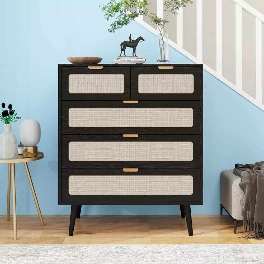 Hassch 5 Drawer Wood Dresser for Bedroom. Tall Chest of Drawers. Storage Organization Unit for Clothing. 31.5L x 15.75W x 37.8H. Black