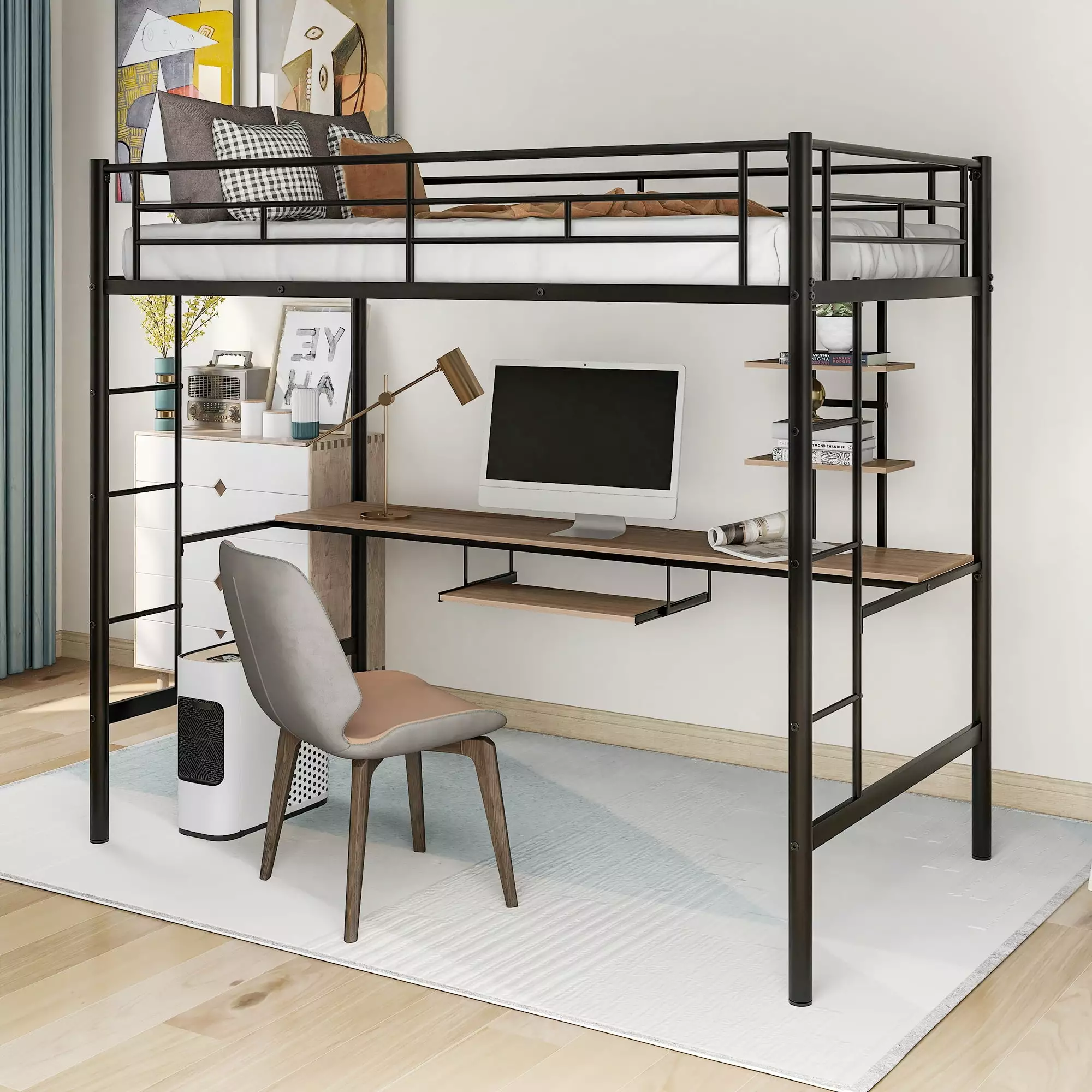 Hassch Twin Loft Bed with Desk Shelf. Space-Saving Design. Black