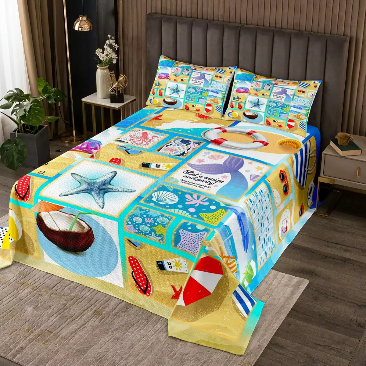 Hawaii Beach Decor Quilt Set Patchwork Starfish Bedspread Set for Women Adults Boys.Blue Ocean Coverlet Set Cute Crab Mermaid Twin Bed Set.Tropical Sand Flip Flops Beach Room Decor