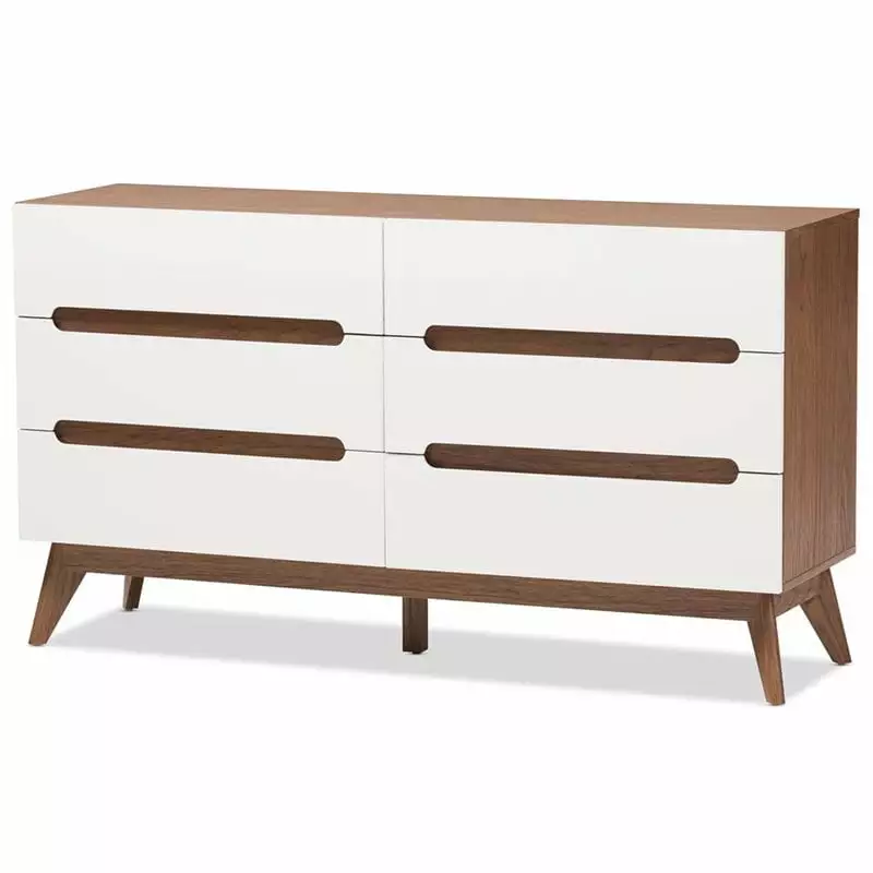 Hawthorne Collections 6 Drawer Wooden Double Dresser in White and Walnut