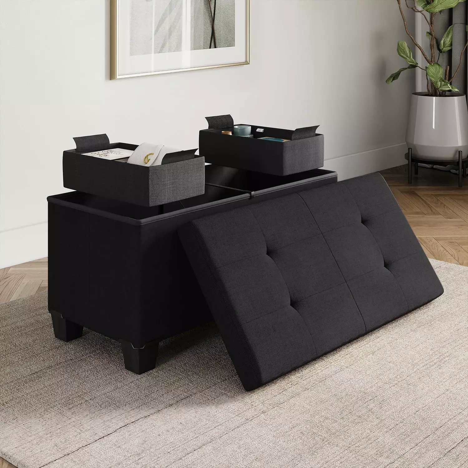 Hearth & Harbor Ottoman Storage Bench. Linen 30 Ottoman With Storage. Black