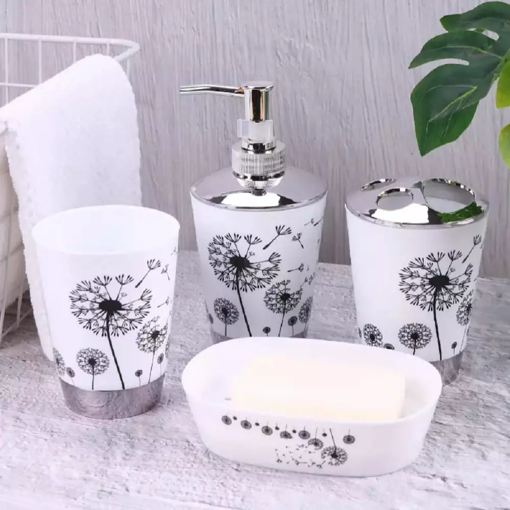 Heavenly Designs Watson Bathroom Accessories - Black and White Acrylic Dandelion Bathroom Set-Any Age