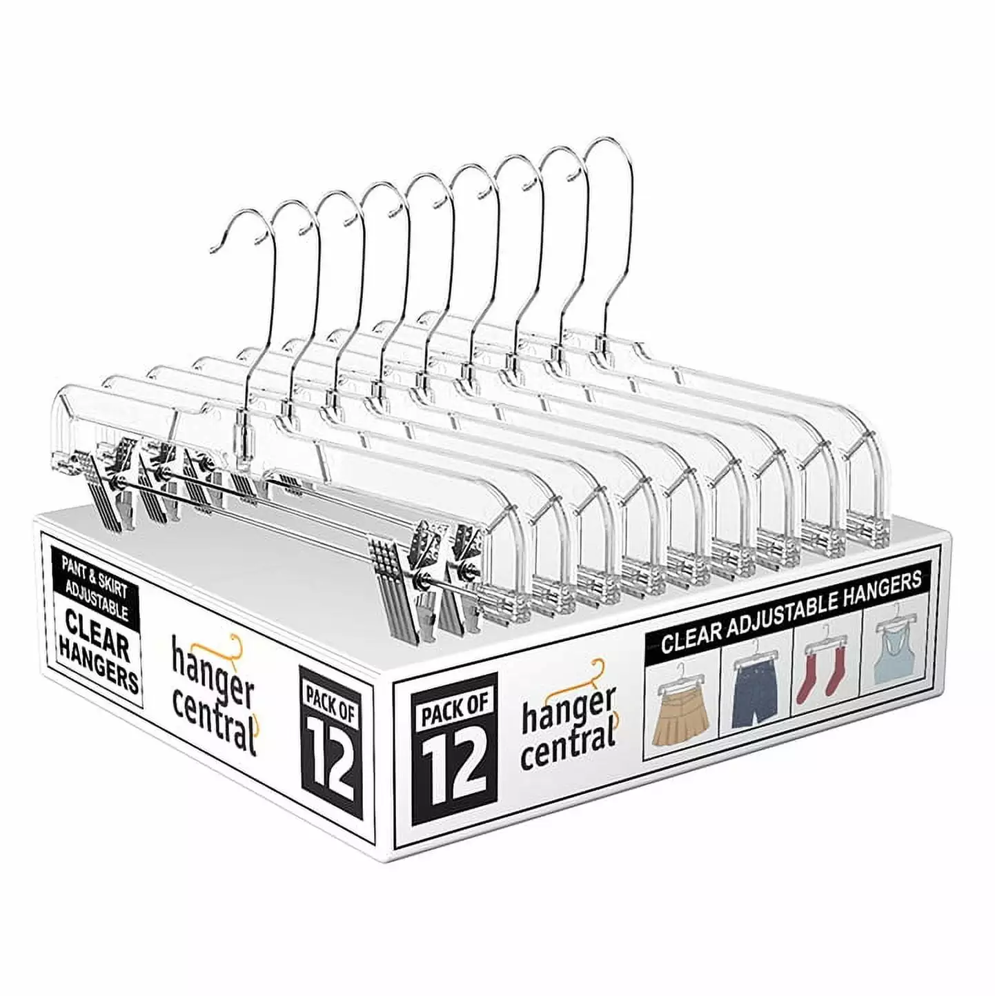 Heavy Duty Clear Hangers with Clips. 12 Pack. Clothes Hangers. 14 Inch adjustable bar