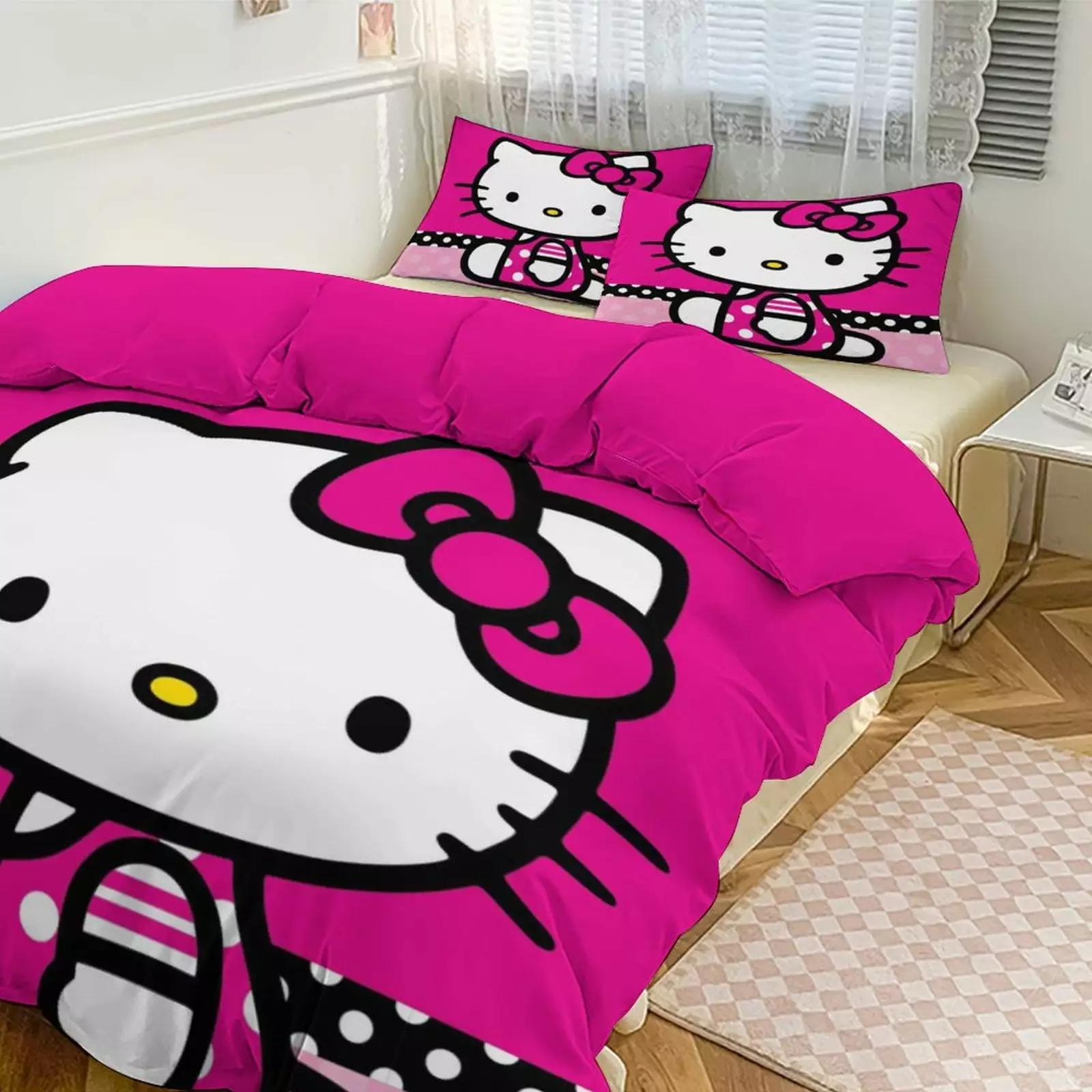 Hello Kitty Room Decor Bedding Set with Sheets And Pillow Cat 3 Piece Bedding for Boys Girls Kids