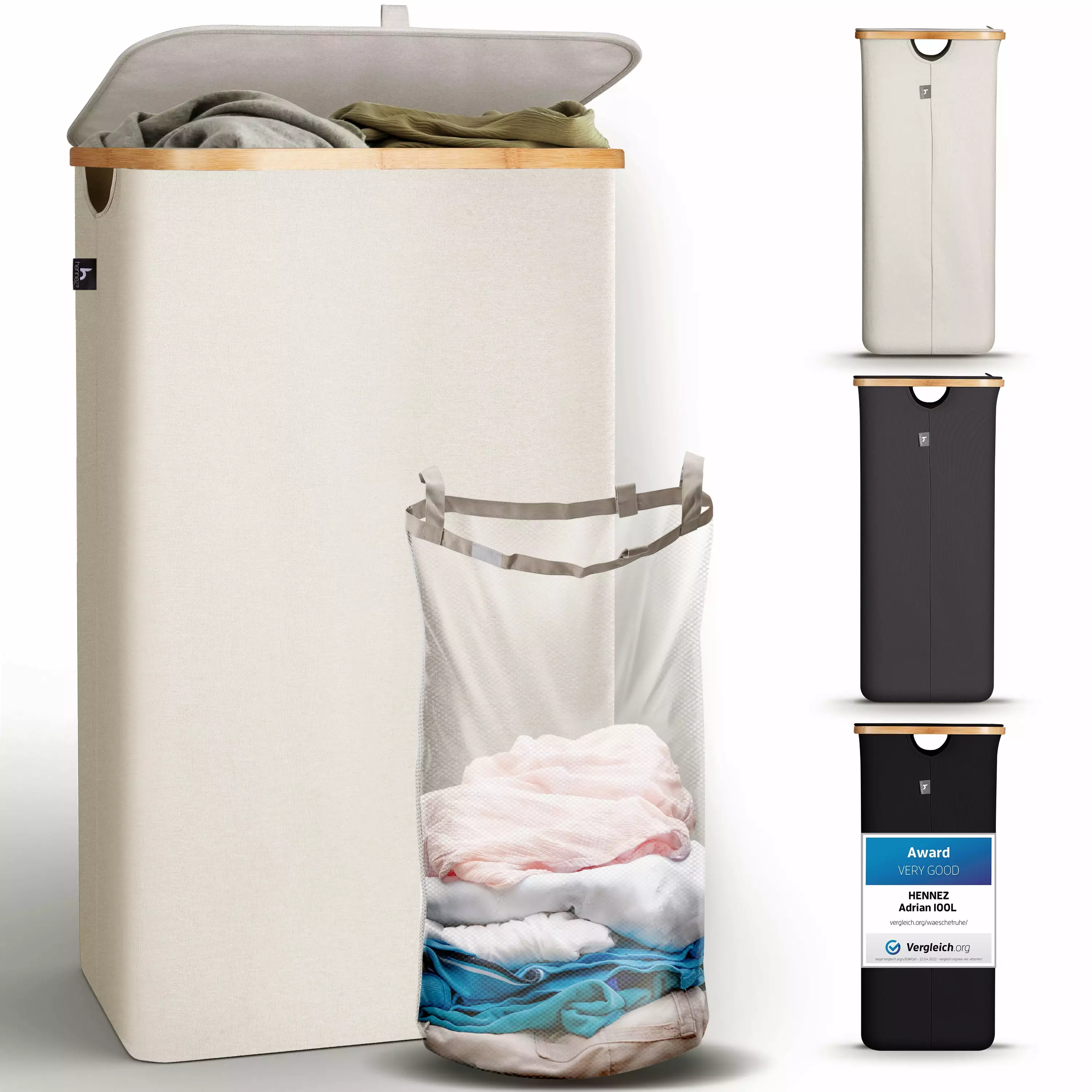 Hennez Laundry Hamper with Lid. Removable Bag. Thic Fabric. Bamboo Hamper 26 Gal - Light Gray