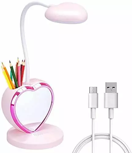 Hibibud LED Desk Lamp USB Charging Port & Pen Holder and Phone Stand with 2 Color Modes.Eye-Caring Study Table Lamp Pink for Girls College Dorm Bedroom Reading