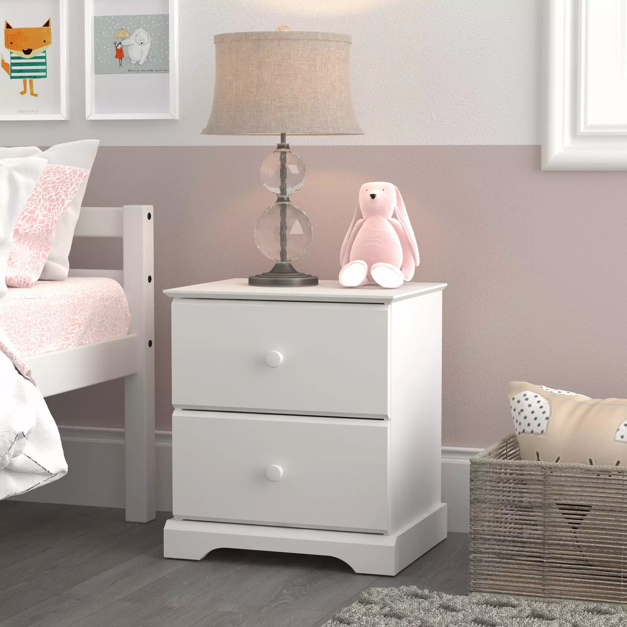 Hillsdale Campbell Wood 2-Drawer Kids Nightstand. White