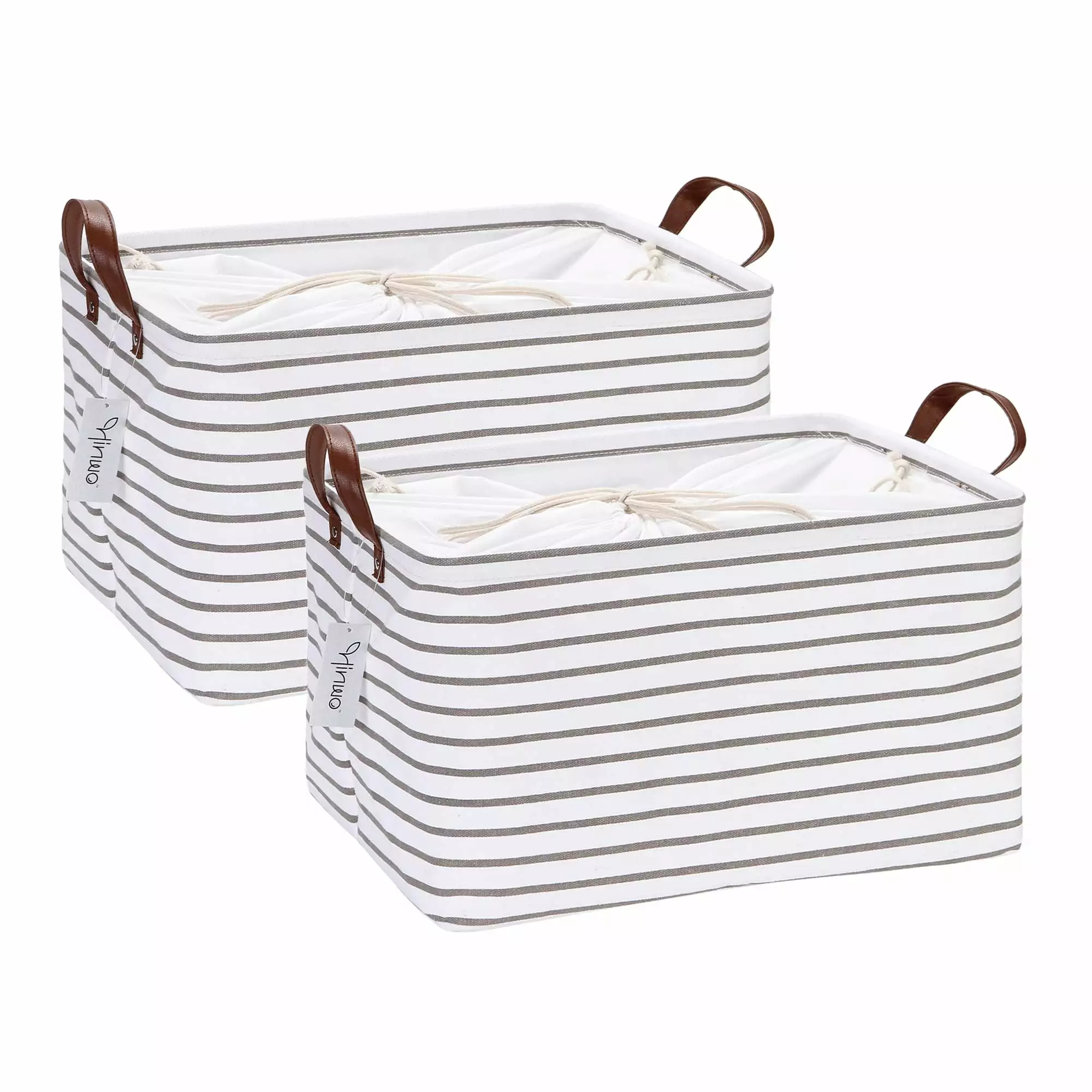 Hinwo 8.3 Gal./33.2 Qt./31.5 L Canvas Storage Bins. Rectangle Storage Baskets. Storage Cubes with Totes. Drawstring Closure. 16.5 x 11.8 x 9.8 Inches. 2-Pack. Grey Stripe