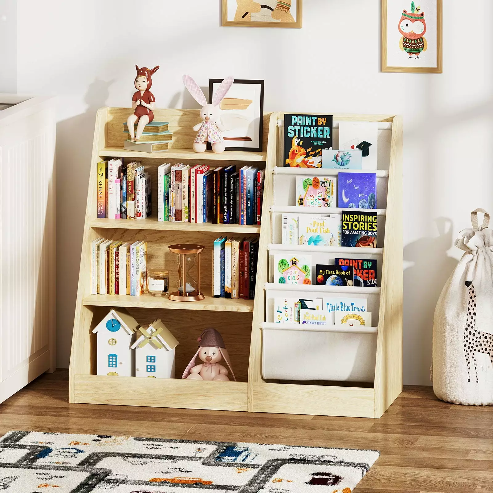 Hironpal Kids Bookshelf. 4 Tier Storage Book Rack and Five Layer Sling Bookshelf for Playroom.Burlywood