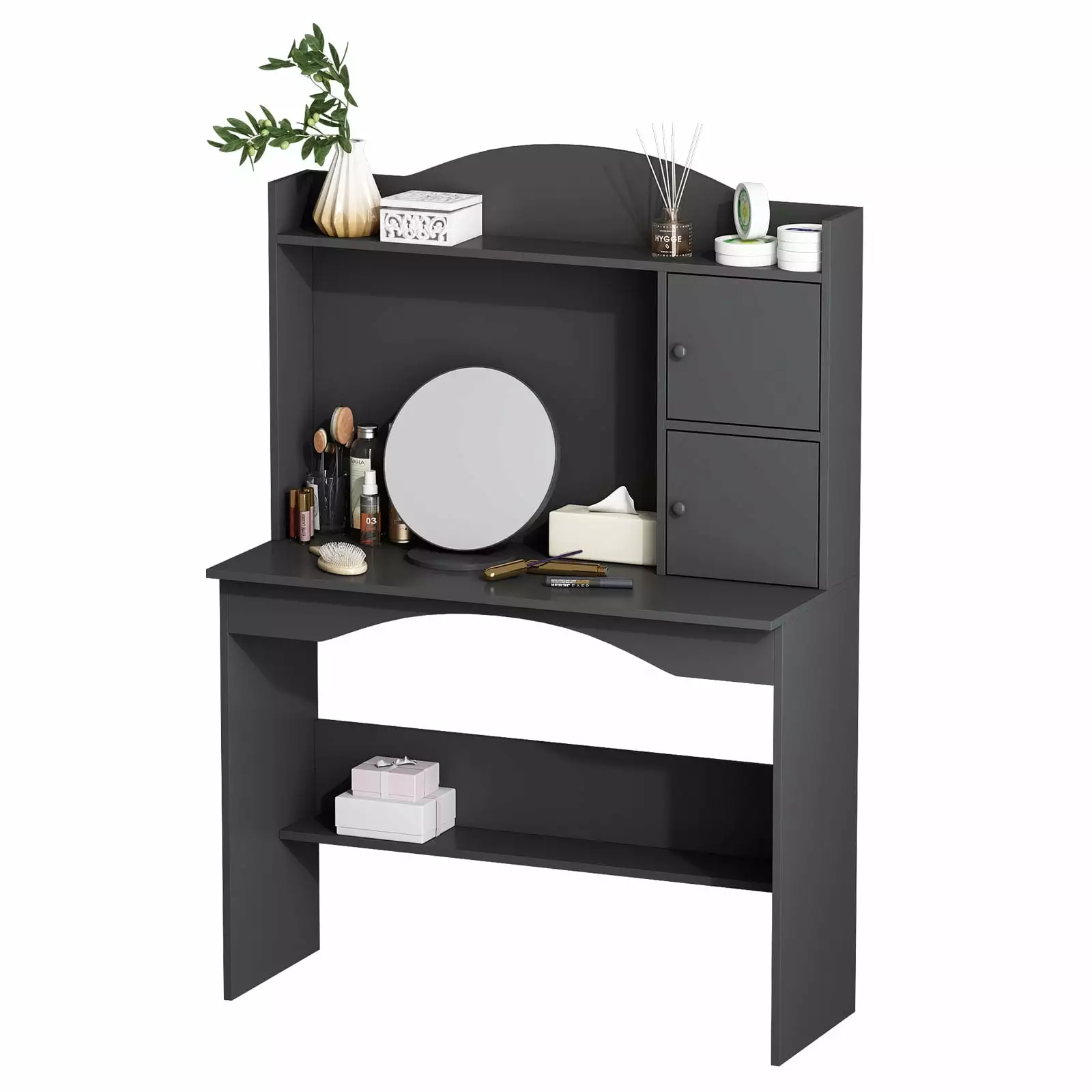 Hironpal Vanity Desk with Adjustable round Mirror. Makeup Table with 2 cabinets with doors & 2 shelves for Bedroom - Black