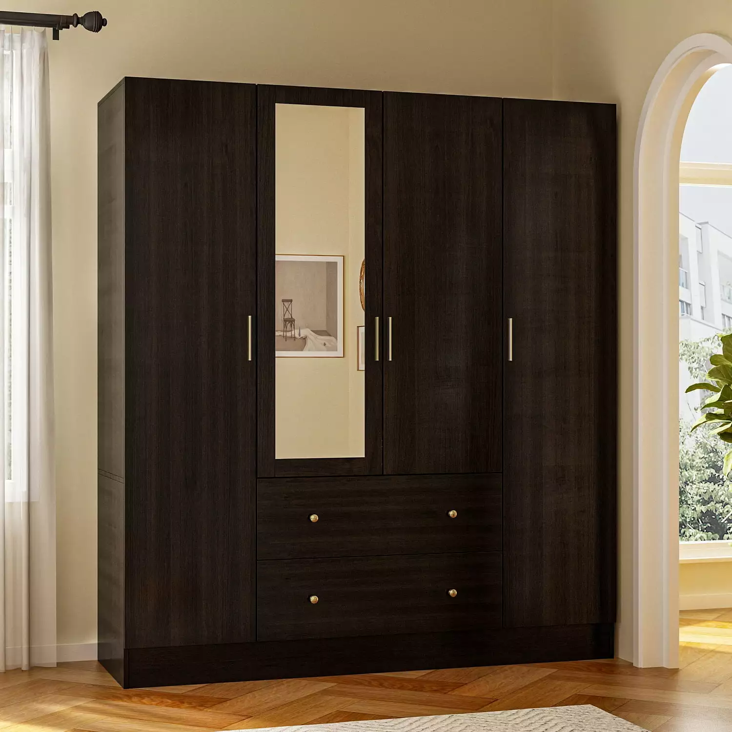 OXYLIFE 4 Door Wardrobe Armoire. Large Storage Cabinet with Mirror. 2 Drawers and Hanging Rod. Black