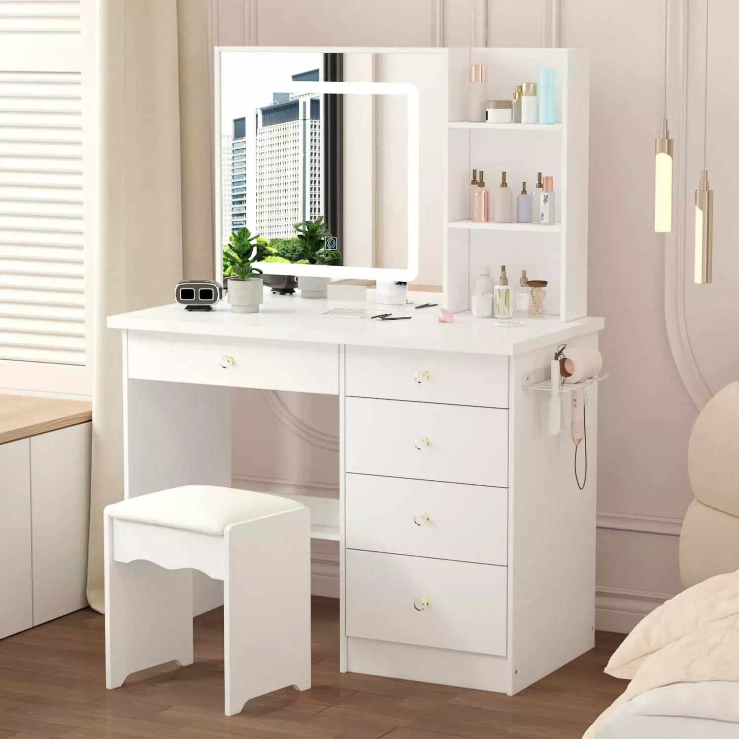 OXYLIFE Makeup Vanity Table with Lighted Mirror. Bedroom Vanity Table with 5 Drawers and Hair Dryer Rack for Women Girls