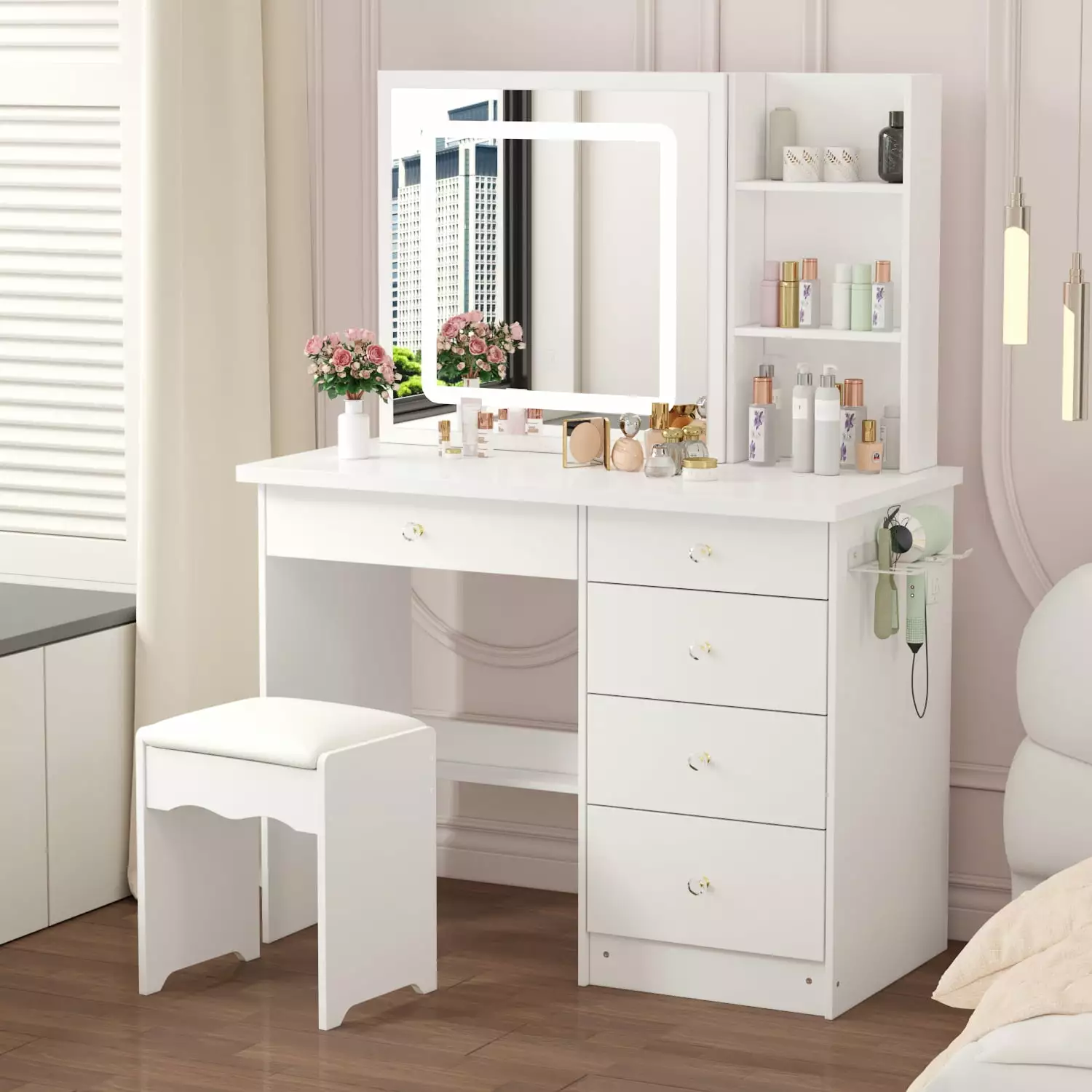 OXYLIFE Makeup Vanity Table with Sliding Lighted Mirror. Bedroom Vanity Table with 5 Drawers and Hair Dryer Rack for Women Girls