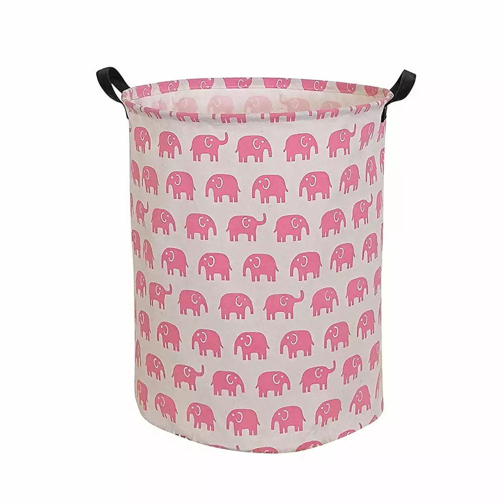 Hiyagon Canvas Laundry Basket with Handles. Baby Laundry Basket for Nursery Girl and Boy. Kids Clothes Hamper with Lid. Toys Storage Bin Organizer Animal Room Decor. Pink Elephant