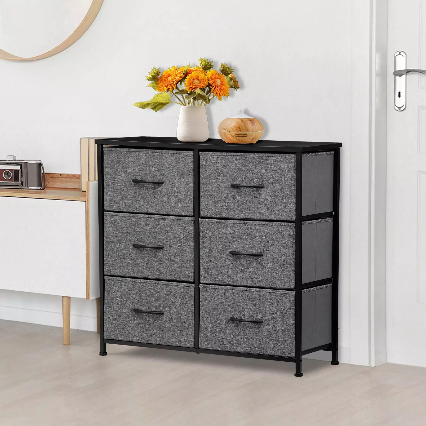 HomGarden 6 Drawer Fabric Storage Dresser Wide Chest of Drawers for Bedroom Living Room Adult Gray