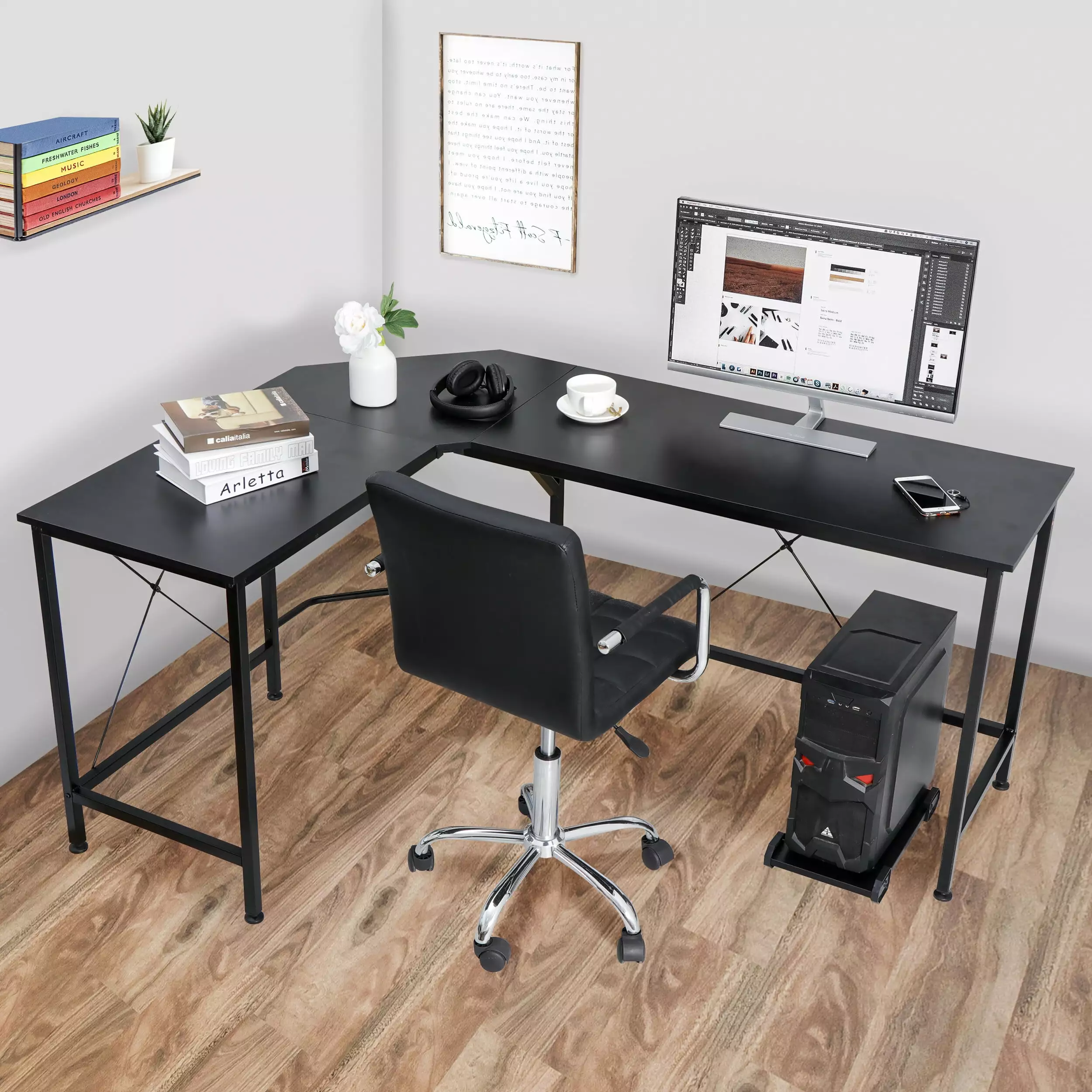 HomGarden L-Shaped 66 Reversible Computer Desk W/ CPU Stand. Home Gaming Desk Black