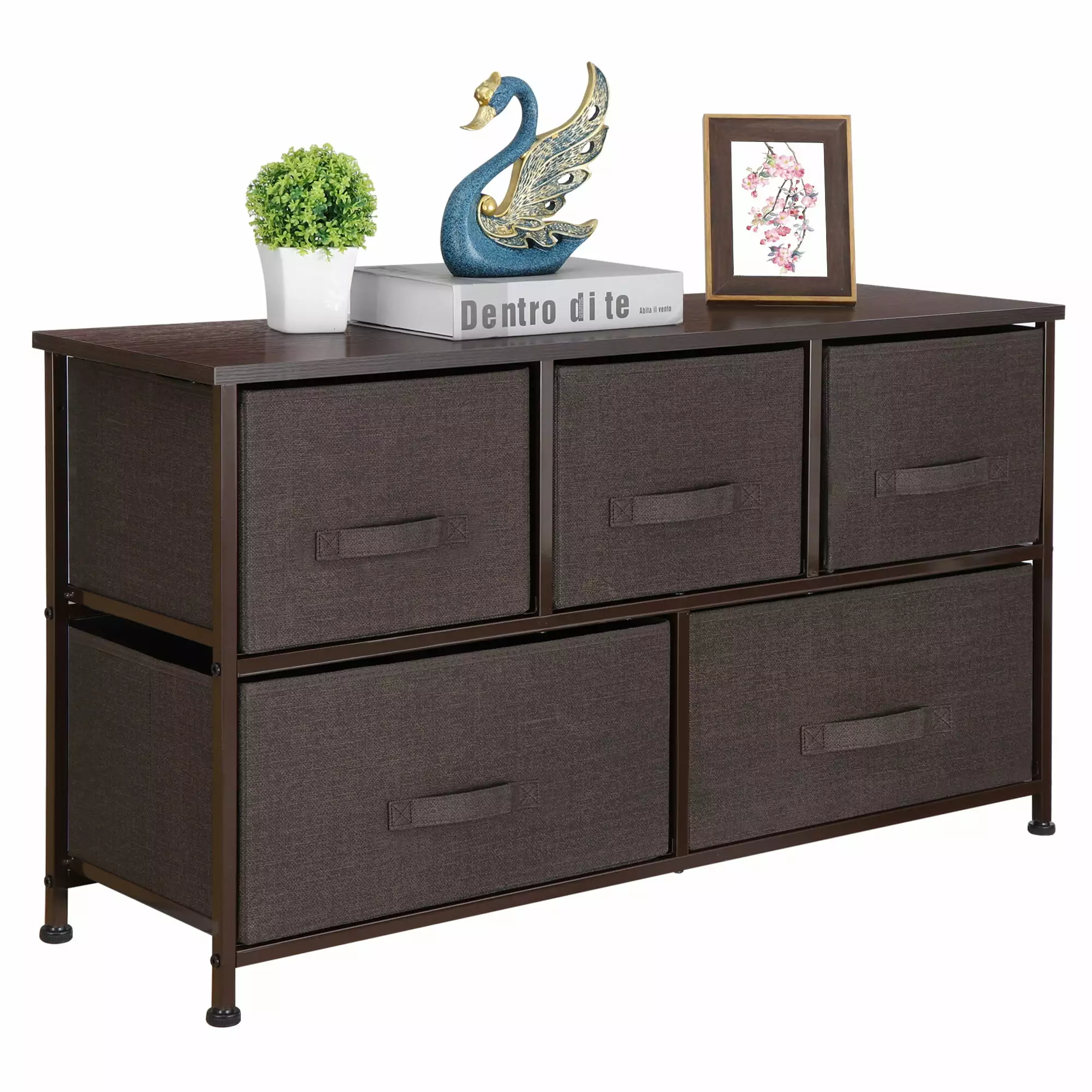 HomGarden Modern 2-Tier Storage Dresser W/5-Drawers. Wide Chest Fabric Organizer Furniture Brown