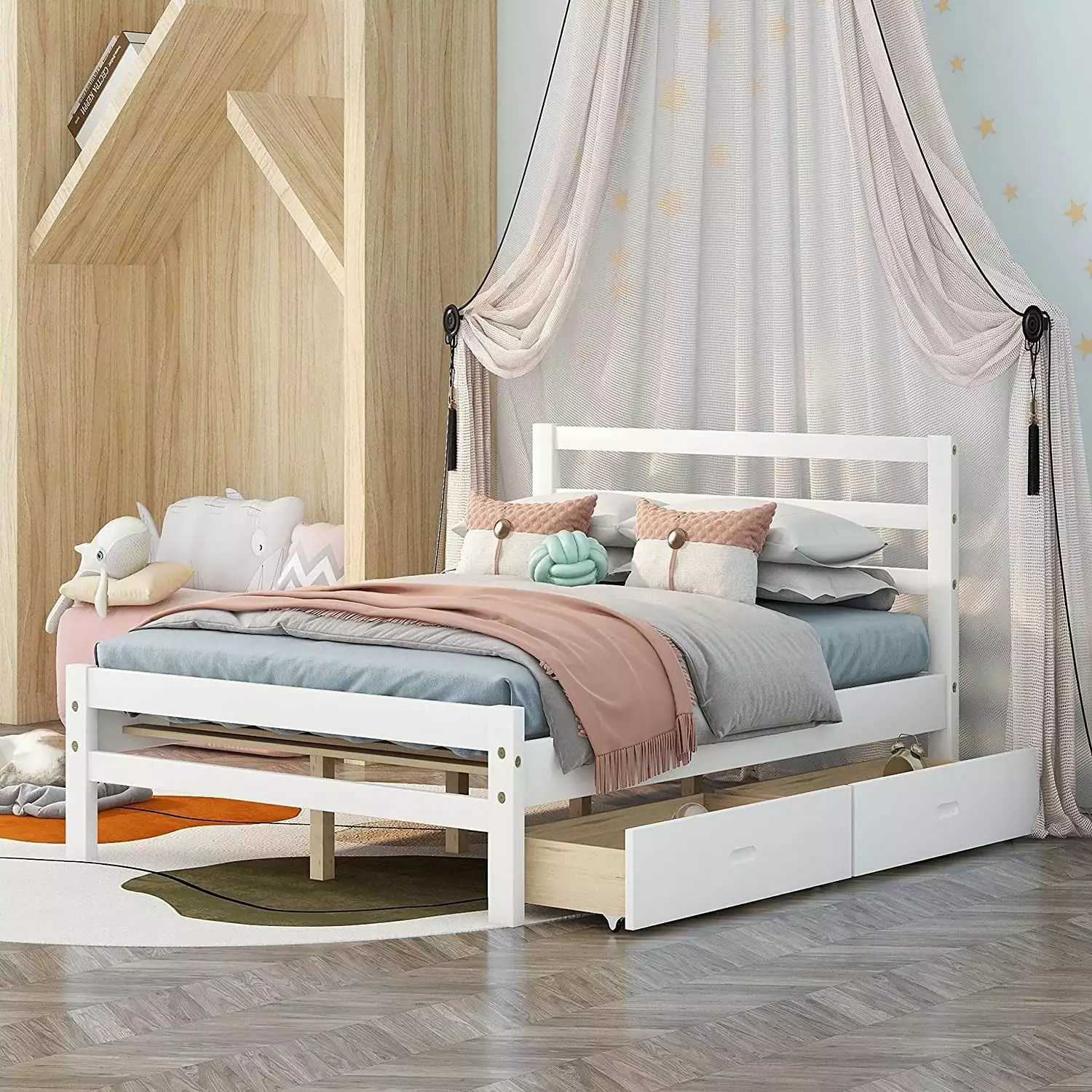 Homata Full Bed Frame with Drawers. Kids Platform Full Bed Frame with Storage. Solid Wood Bed for Toddler Boy Girls. No Box Springs Needed (White)