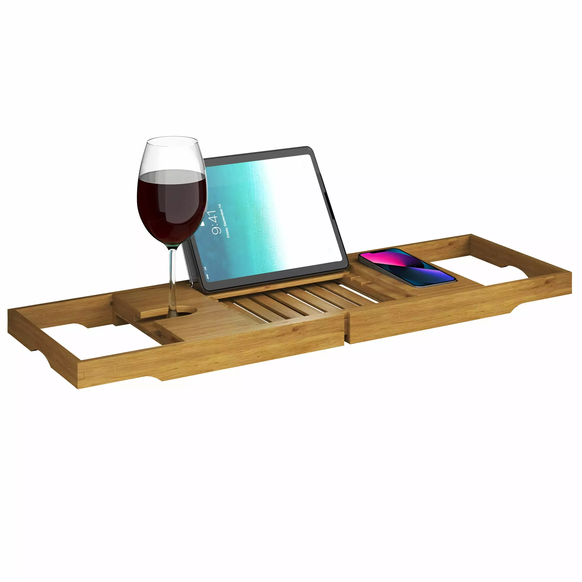 Home-Complete Acacia Bathtub Tray with Extended Sides and Wine Glass Holder