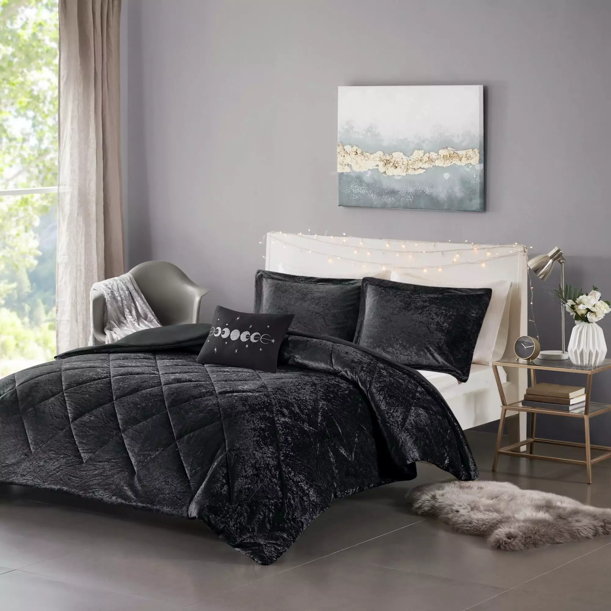 Home Essence Alyssa Diamond Quilted Black Velvet 4 Piece DuvetSet. Full/Queen