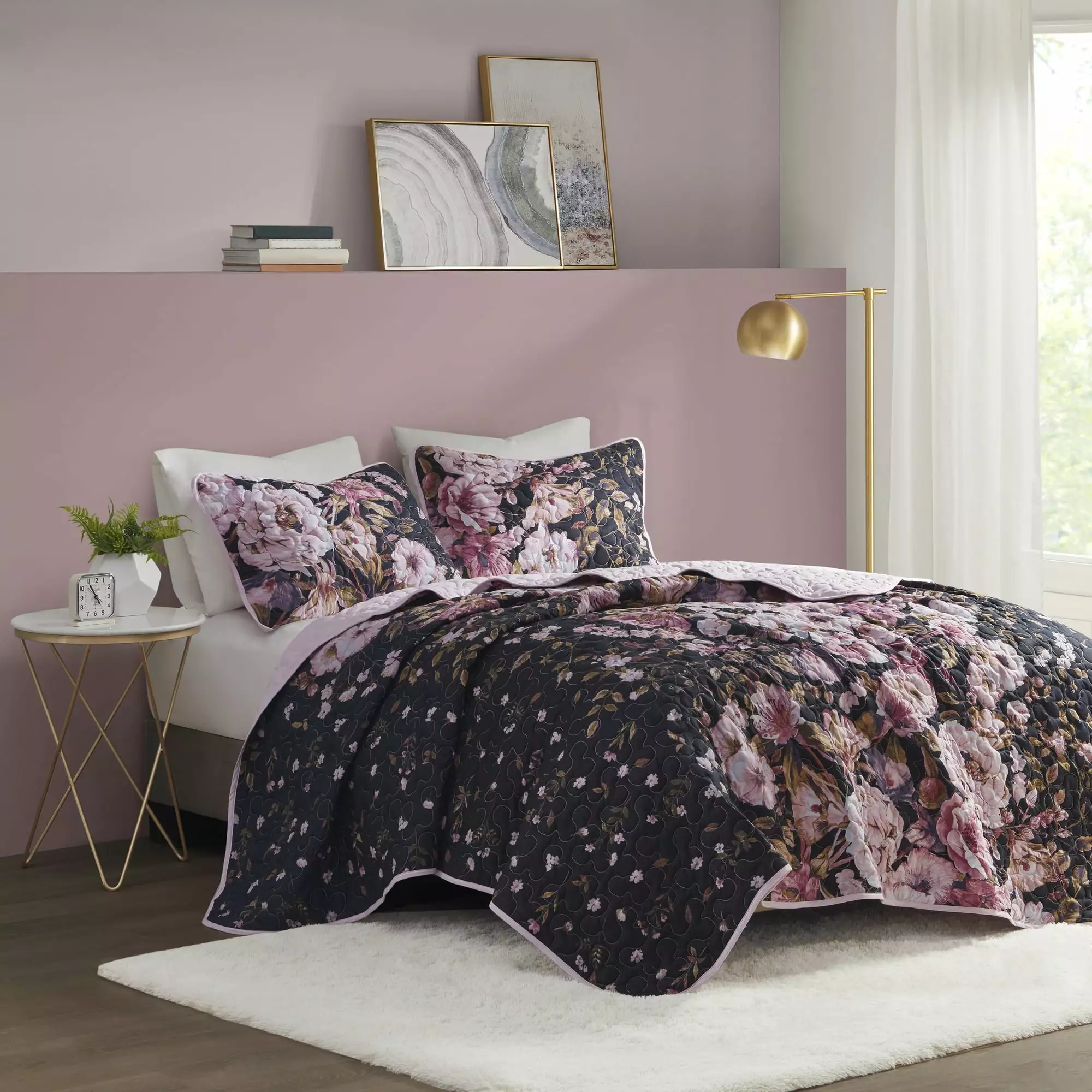 Home Essence Apartment Jessica Floral Printed Reversible Coverlet Set. Full/Queen. Black